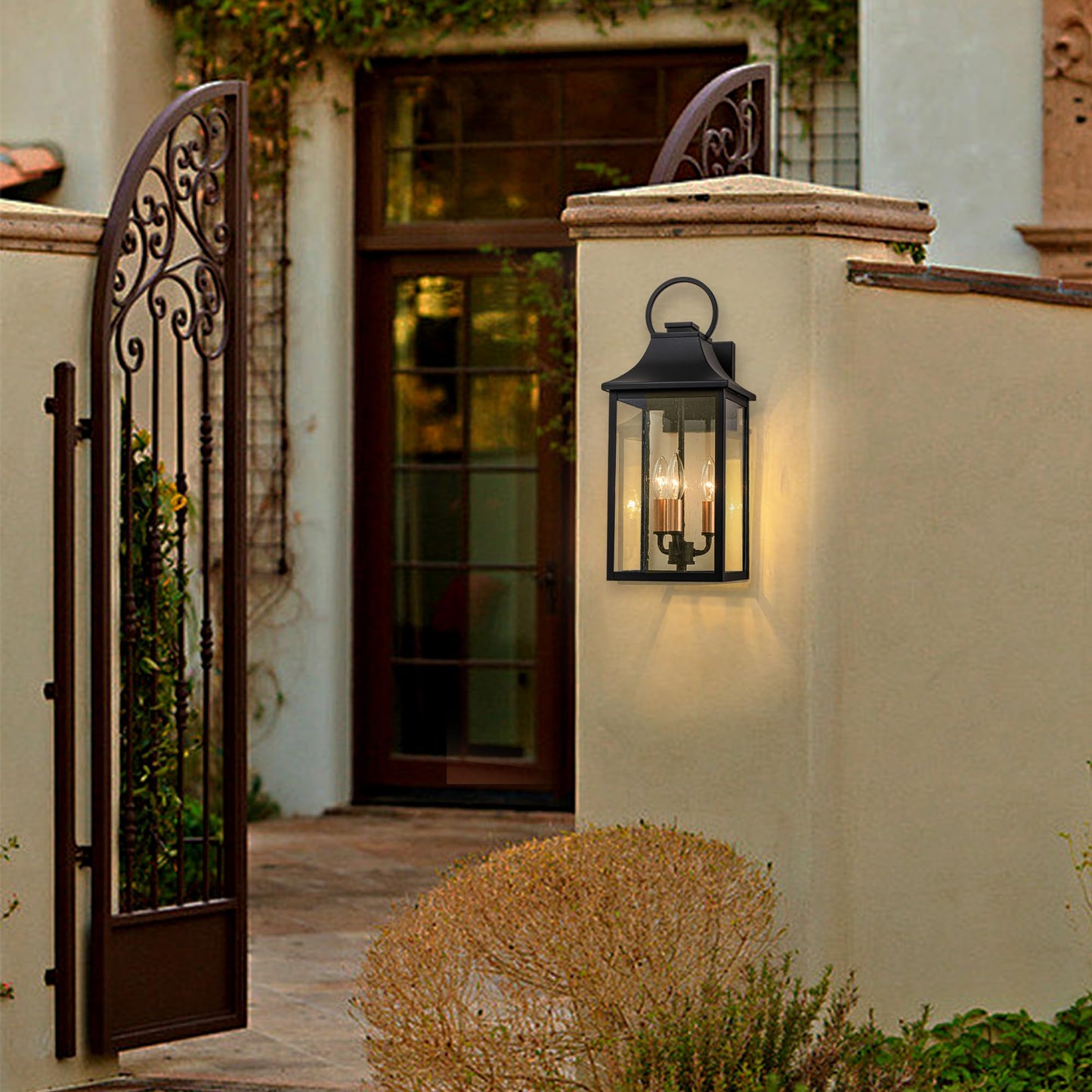 OUPAVOCS Outdoor Wall Lights Fixture for House, Large Porch Light Wall Mount, 18” Black Exterior Wall Sconce with Rose Gold 3-Light Candelabra Interior, Outside Patio Lighting for Front Porch, Garage