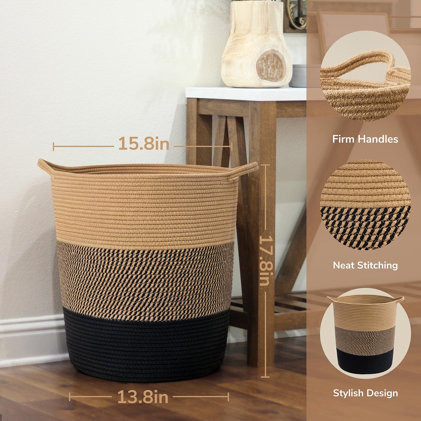 INDRESSME Large Cotton Rope Basket - Tall Laundry Basket Hamper for Dirty Clothes Woven Storage Basket for Blanket in Living Room Toy Basket for Nursery Storage, 17.8" x 15.8" x 13.8"