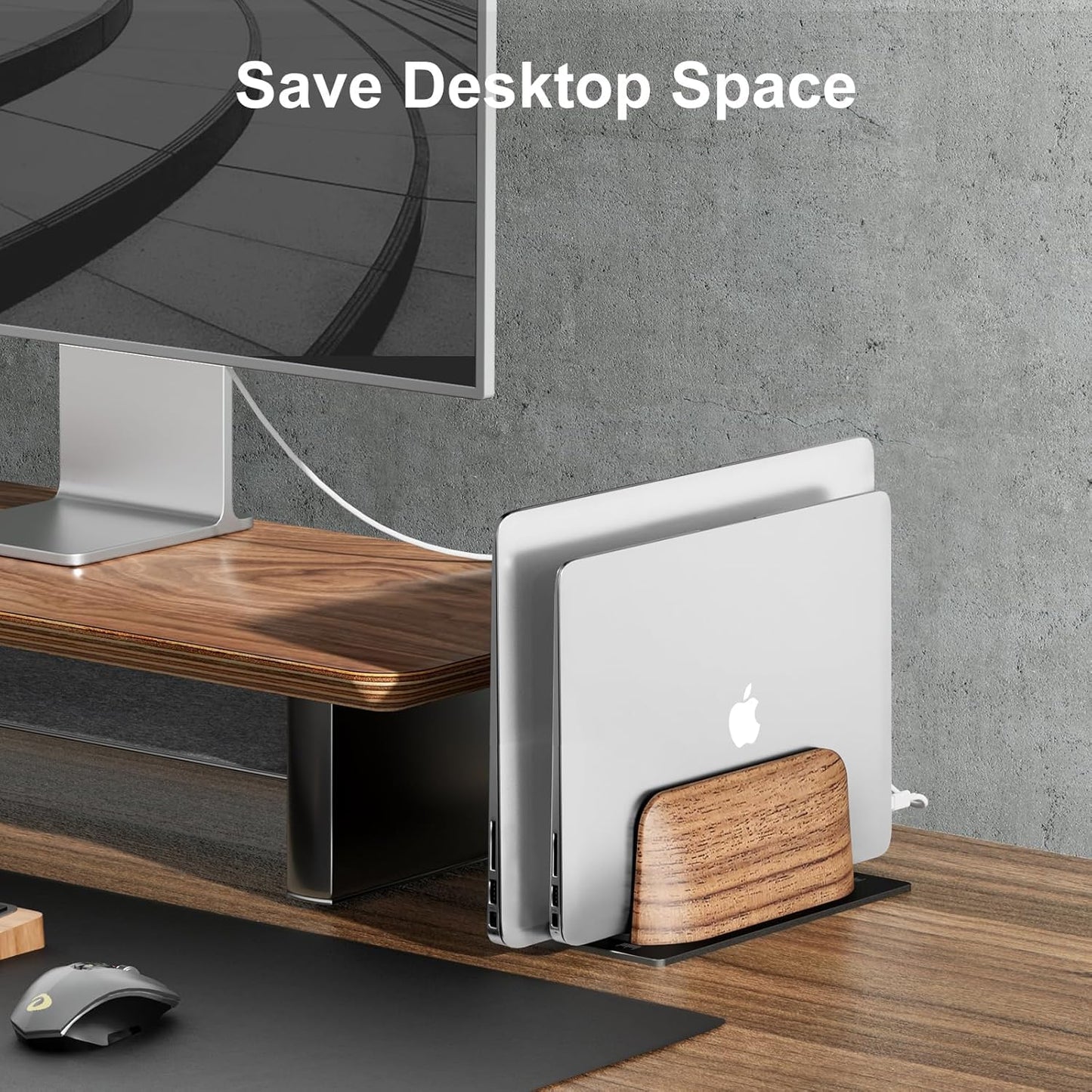 Vertical Laptop Stand, Dual Slot Walnut Wood Laptop Holder for Desk, Natural Wooden & Aluminium Width Adjustable Dock for MacBook and Other Laptops