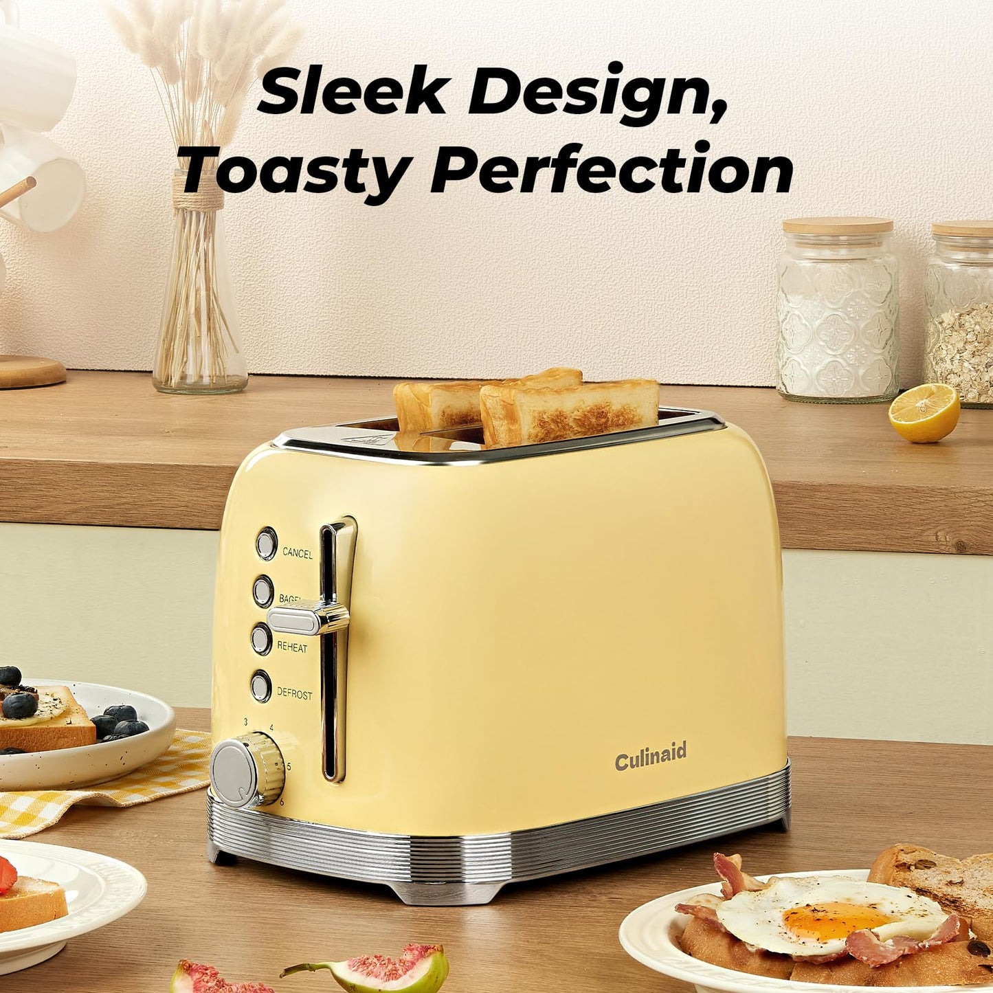 Culinaid 2 Slice Toaster Retro Stainless Steel with 1.5” Extra Wide Slots Bagel, Defrost, Reheat, Cancel Function, 6 Bread Shade Settings, Removable Crumb Tray, Yellow