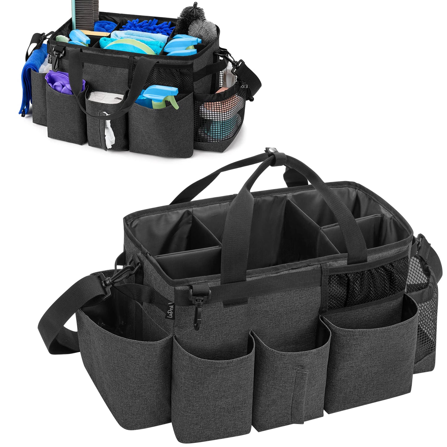 LoDrid Wearable Cleaning Caddy Bag with 4 Foldable Dividers, Tote Organizer with Shoulder Strap and Side Handles for Cleaners & Housekeepers, Black, Bag Only