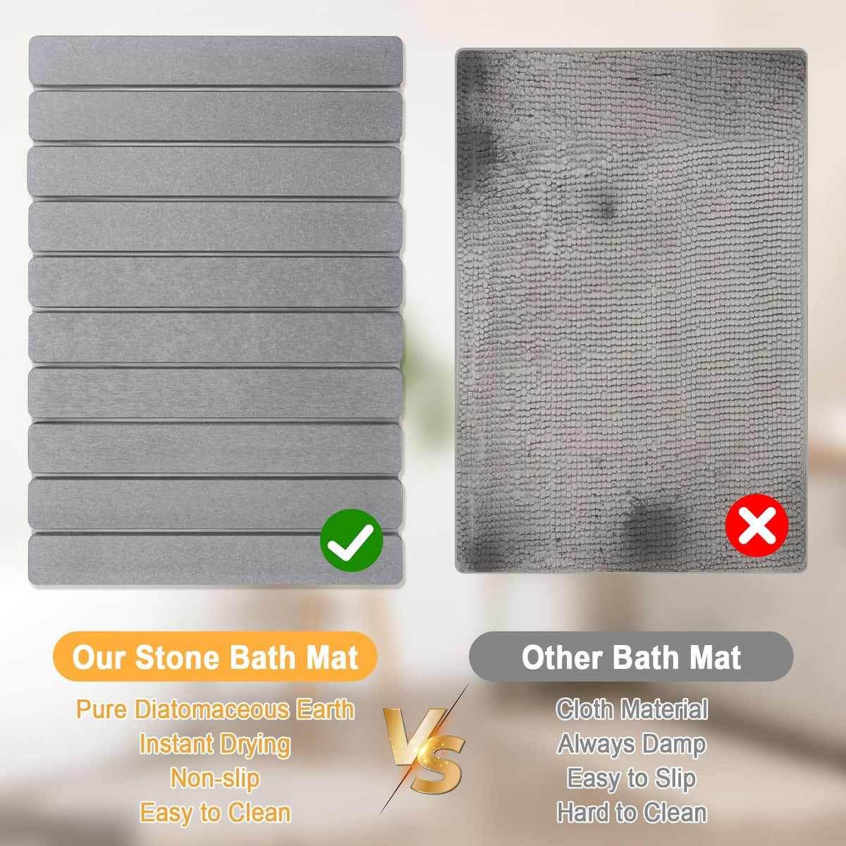 Stone Bath Mat for Bathroom, Stone Pet Feeding Mat, Dish Drying Mat for Kitchen, Diatomaceous Earth Bath Non Slip Drying Bathmat for Shower Floor, Bathroom Tub