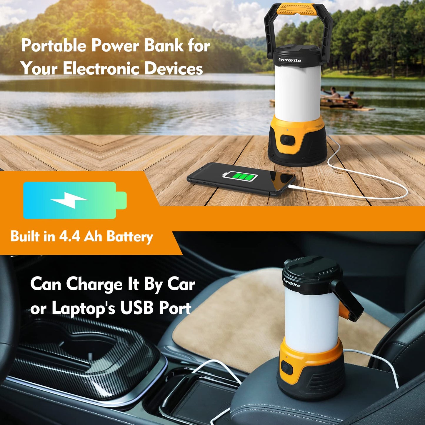 EverBrite Camping Lantern Rechargeable, 1000LM Camping Light, 5 Lighting Modes LED Lantern, 4400mAh Power Bank Perfect for Hurricane, Emergency, Power Outage, Home and More, USB C Cable Included