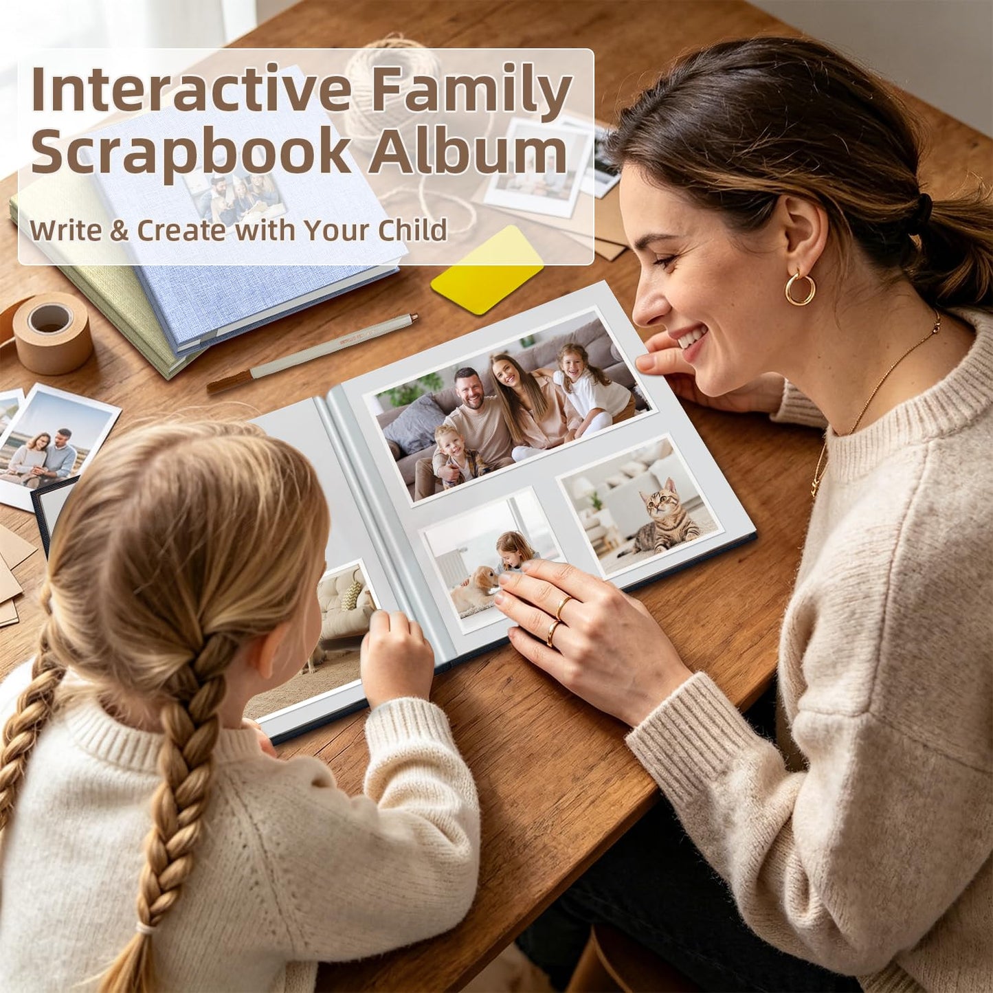 popotop Self Adhesive Photo Album with Display Window, 60 Pages Scrapbook Album for 4x6 8x10 Picture, Black Linen Memory Book for Wedding Baby Travel, with Scraper and Metallic Pen