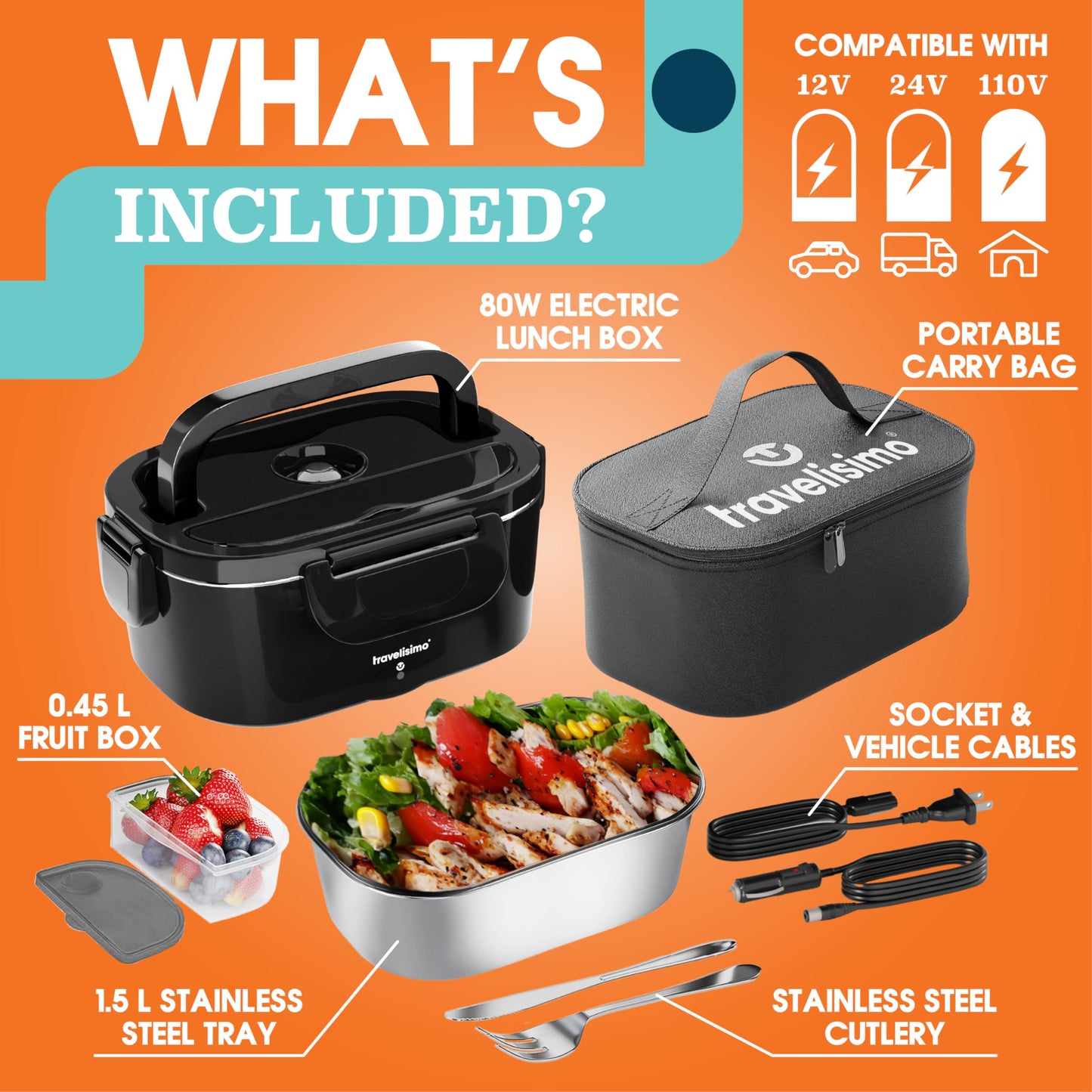 TRAVELISIMO Electric Lunch Box Food Heater, 80W 1.5L Portable Microwave 12V/24V/110V Heated Lunch Box for Men & Women, Stainless Steel Portable Food Warmer Lunch Box for Car/Truck/Office