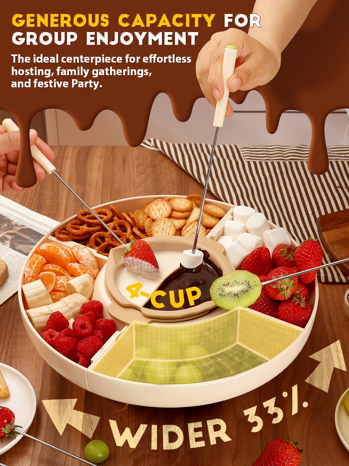 LUSHYUM Chocolate Fondue Pot Set Electric Melting Machine, 4-Cup Capacity 4 Trays 5 Forks 1 Spatula Cheese Warmer, Ideal Gift for Couple Family & Date Night Idea House Warming Holidays Essentials