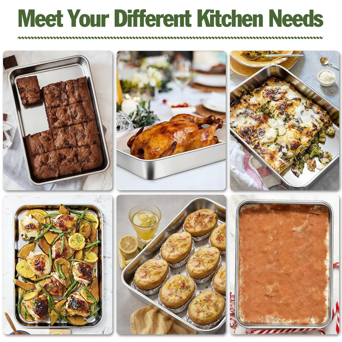 TeamFar 9.8’’x12.5’’ Baking Pan, Stainless Steel Rectangular Cake Brownie Lasagna Pan for Cooking, Healthy & Sturdy, One-piece & Even Heat, Oven & Dishwasher Safe - Set of 2
