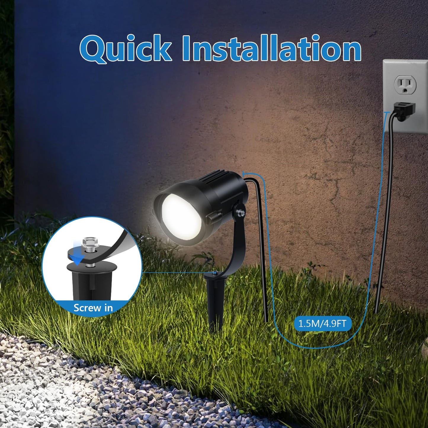HIBOITEC 12W Landscape Lights IP65 Waterproof LED Outdoor Spotlight with US 3-Plug Cord,270° Adjustable Angle Landscape Lights for Garden, Yard, Lawn White Light 4 Pack