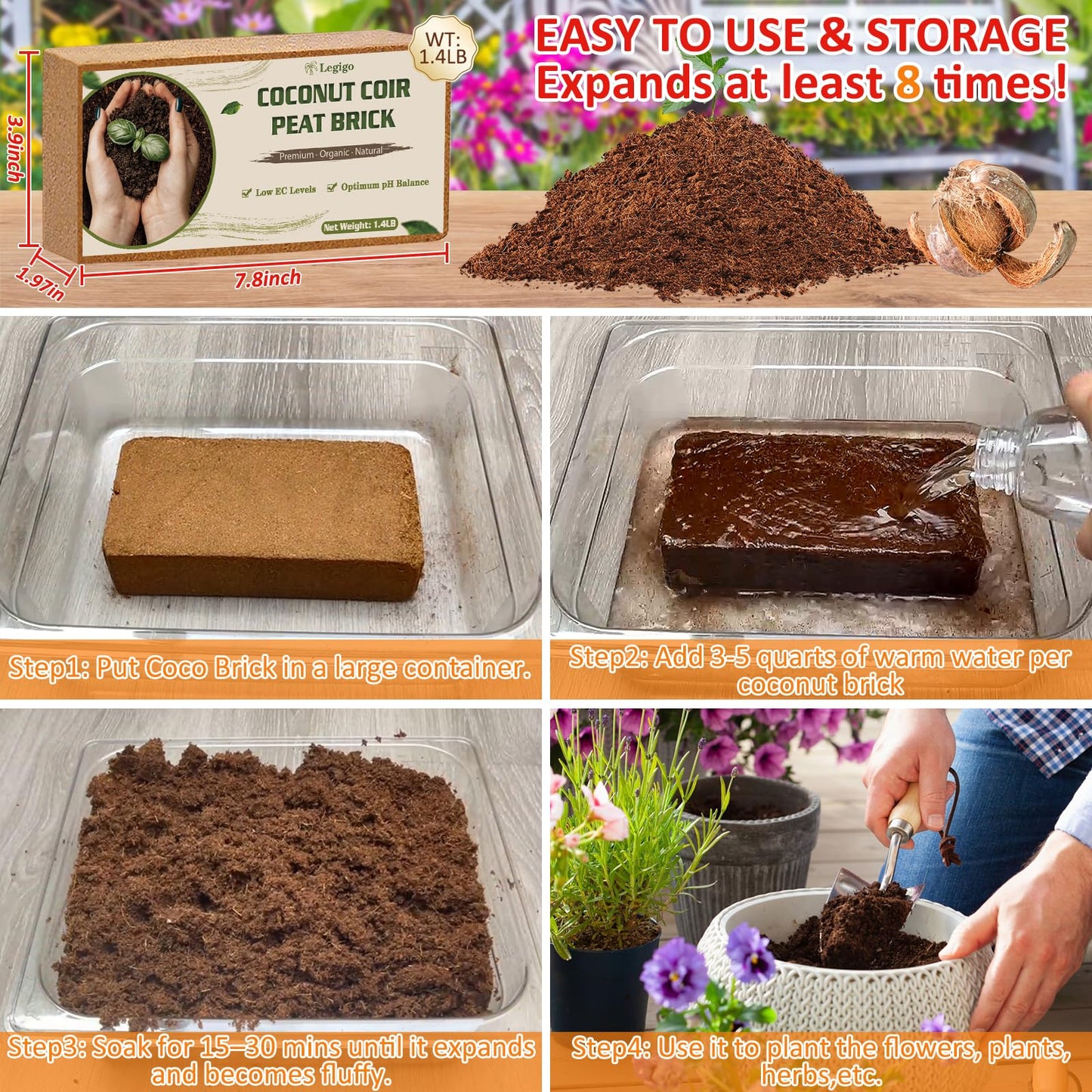 Legigo 8 Pack Premium Coco Coir Brick for Plants- 100% Organic Compressed Coconut Coir Fiber Bricks Starting Mix, Coconut Husk for Planting, Gardening, Potting Soil Substrate, Herbs