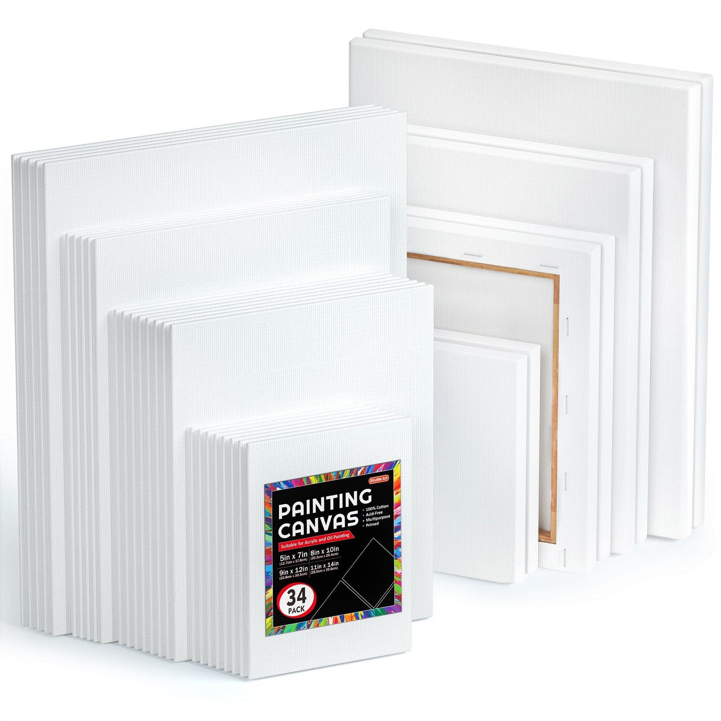 Shuttle Art Canvases for Painting, 34 Pack Multi Sizes Stretched Canvas and Canvas Panels, 5x7”, 8x10”, 9x12”, 11x14”, 100% Cotton Primed Canvas Boards for Painting, Blank Canvas for Acrylic Oil Paint