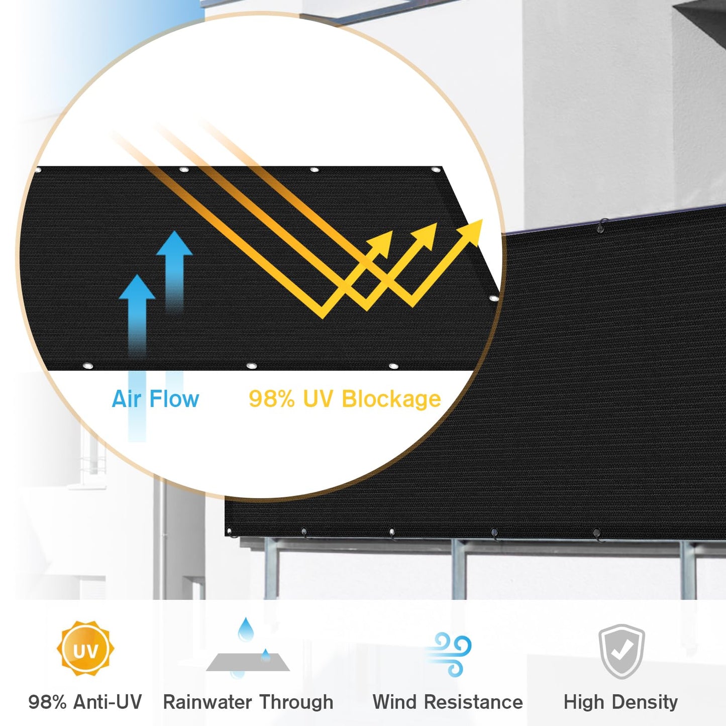 UIRWAY Privacy Screen Balcony Fence 3'x16.5', Garden Courtyard Privacy Fence Screen with Zip Ties UV Protection, for Animal Barriers, Decks, Patios, Outdoor Pools, Porches, Condo Railings - Black