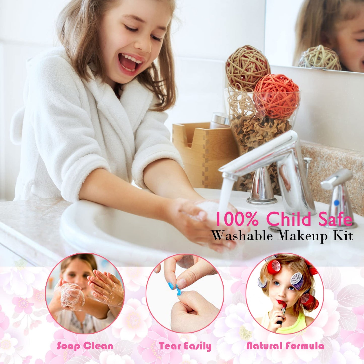 Mrabbitoo Kids Makeup Kit for Girl - Kids Toys Washable Real Girls Make Up Set Princess Little Girl Makeup, Children Pretend Play Makeup Set Toys for Girls Age 3-12 Christmas Birthday Gifts (Rose)