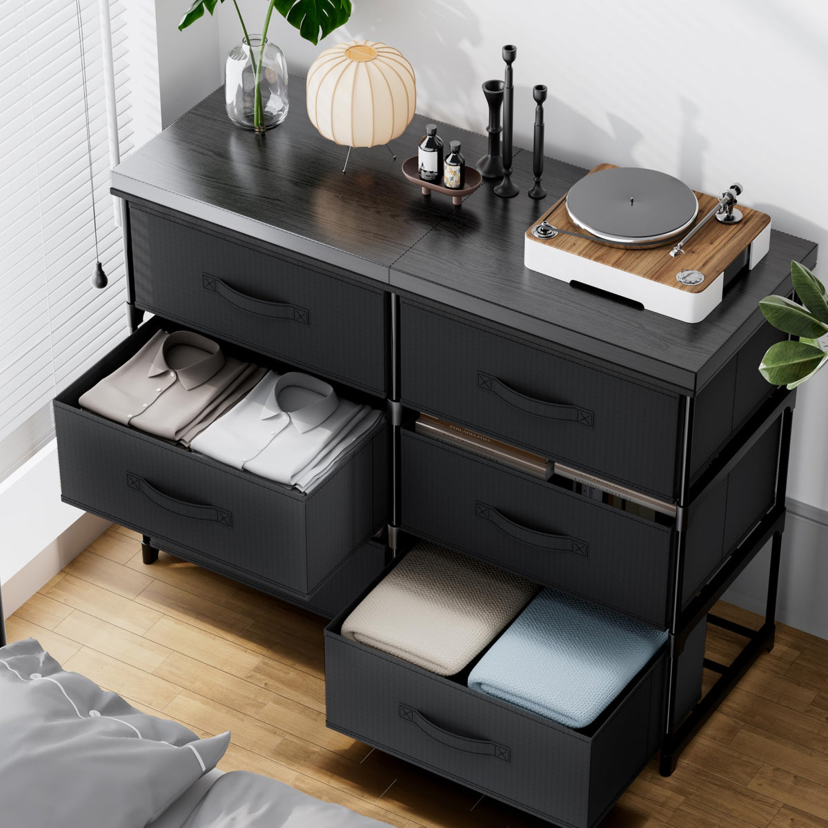 PPN Dresser with 6 Fabric Drawer Stand Desktop Sturdy Metal Plastic Support Tube Cube Storage Cabinet for Living Room, Bedroom Organization Dorm Front Hall Entryway Black