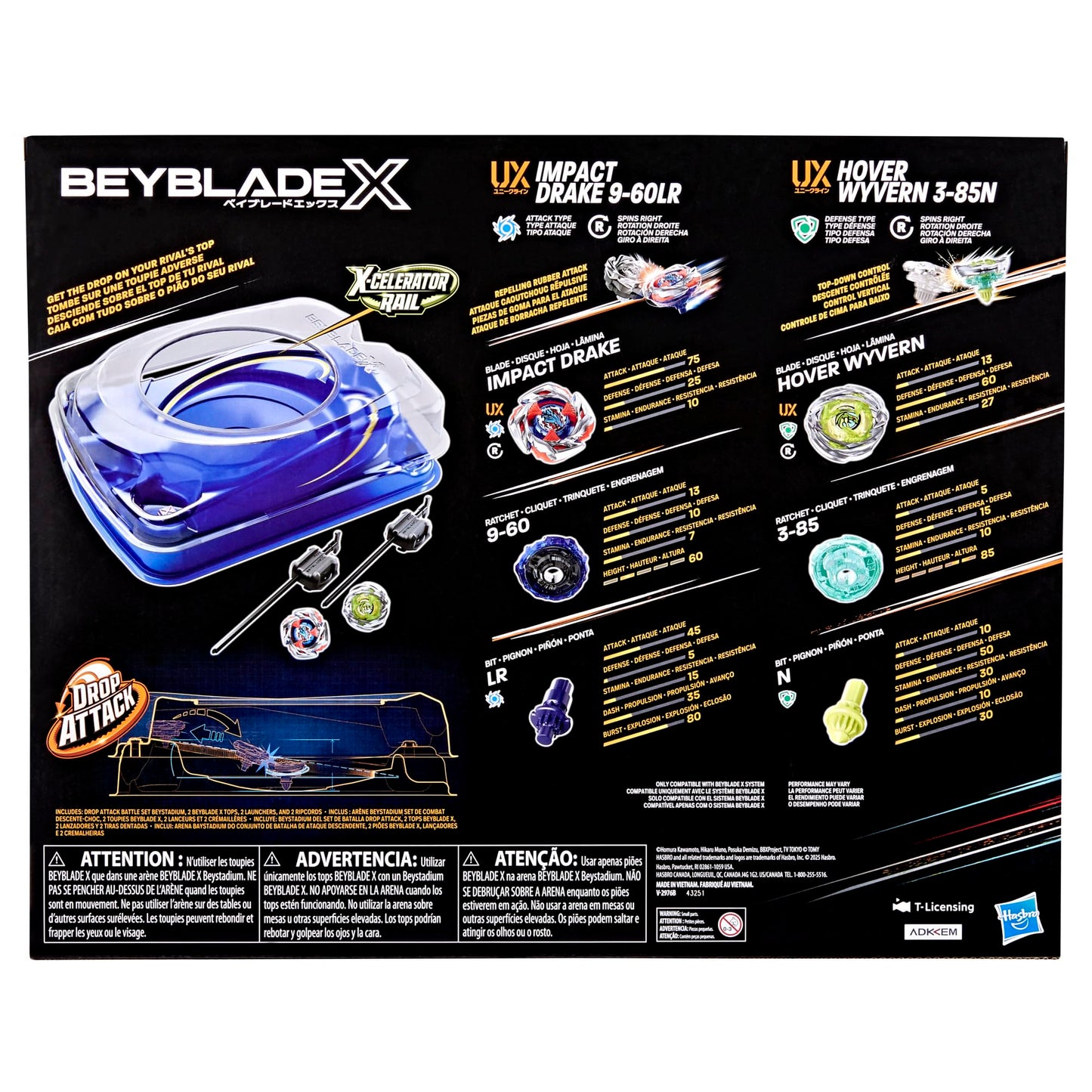 Beyblade X Drop Attack Battle Set with Beystadium Arena, 2 Takara Tomy Tops & Launchers, Impact Drake 9-60LR & Hover Wyvern 3-85N, Battling Game Toys, Ages 8+