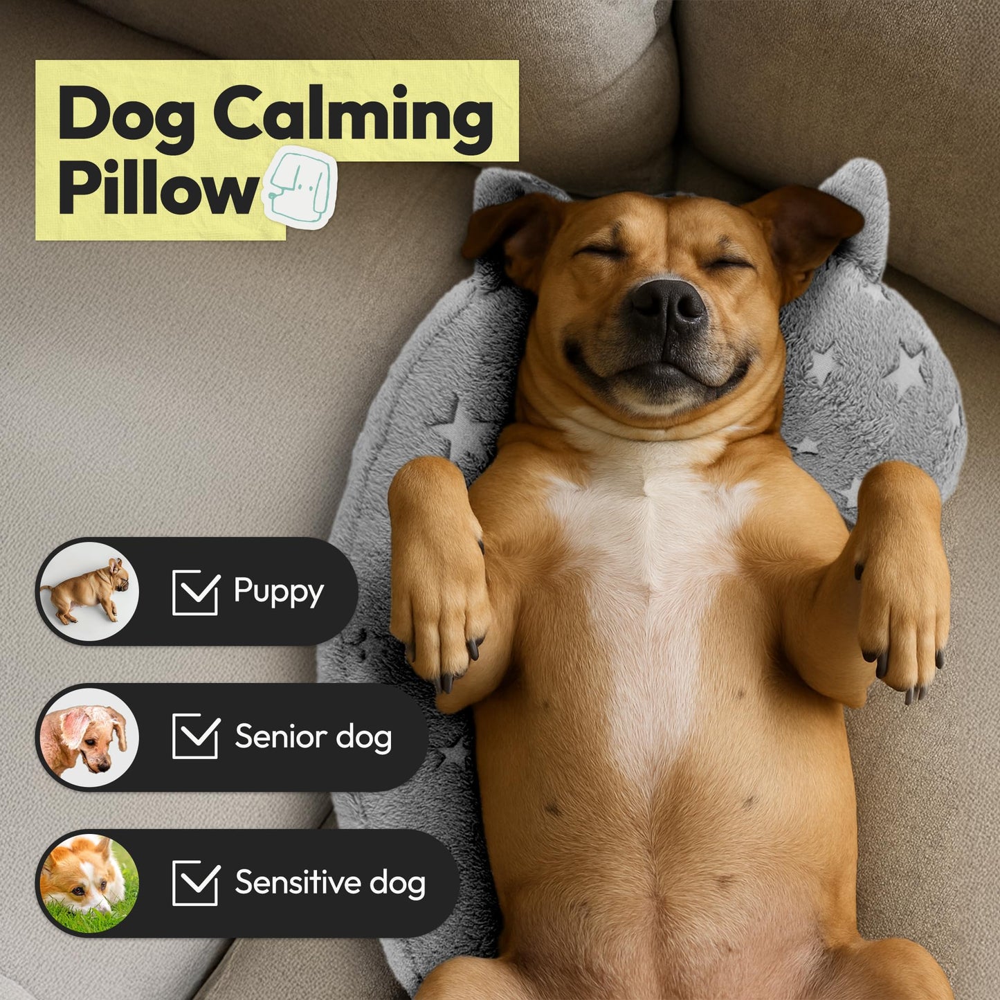 Calming Glow in The Dark Dog Pillow - Soft Question Mark Shape for Dogs, Kids, Adults - Washable, Cozy Body Pillow Bed (M Gray)
