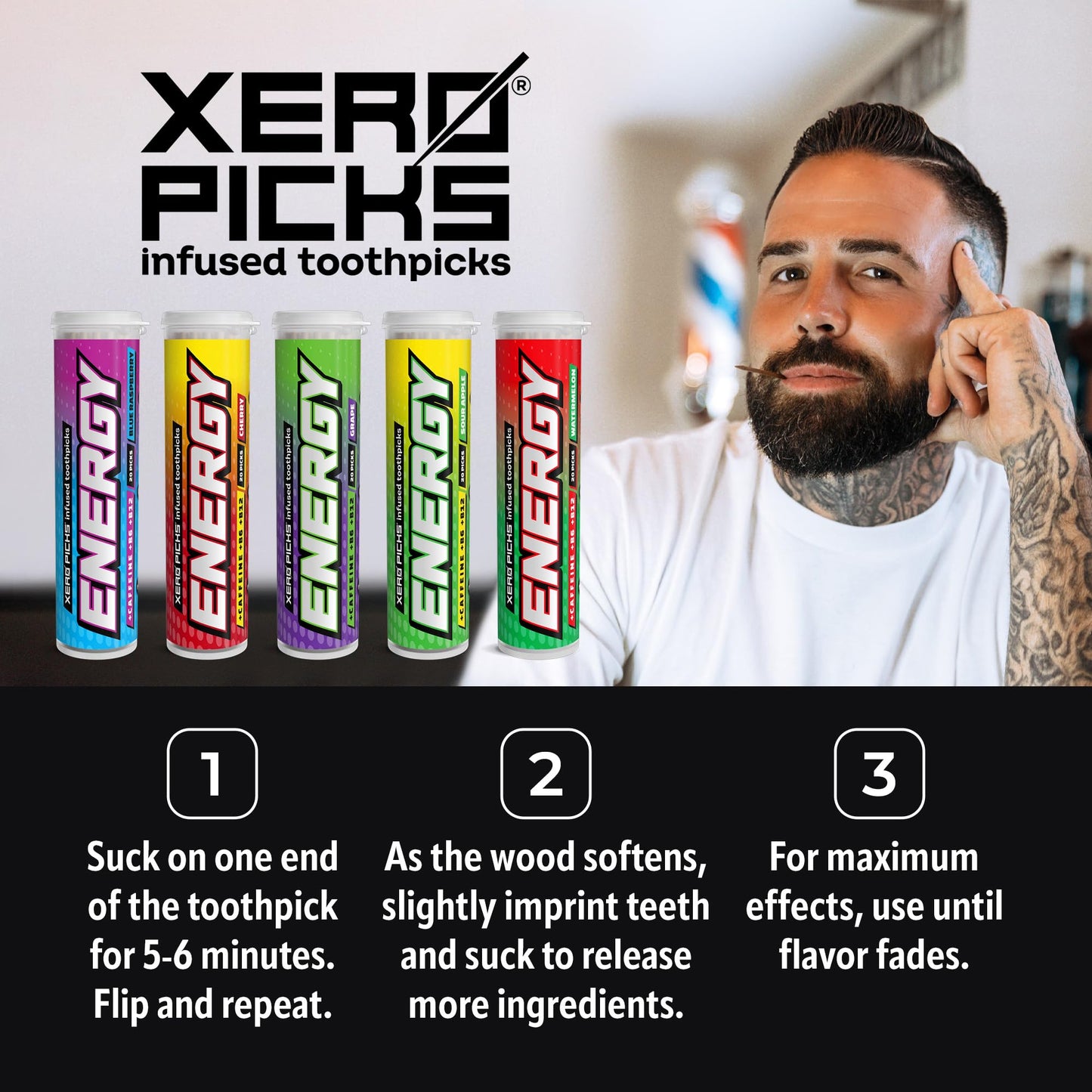 Xero Picks Energy Infused Flavored Toothpicks with Caffeine, B12 & B6-100 Picks (5 Pack Variety)