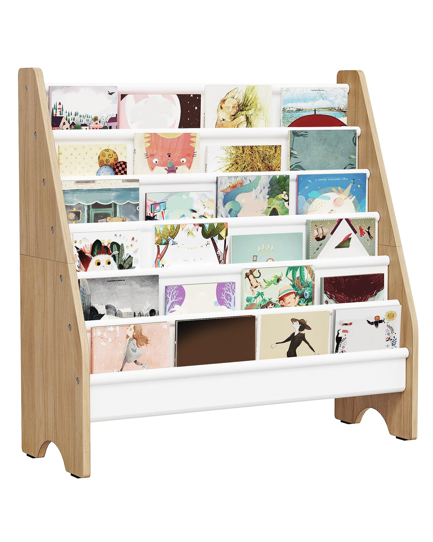 CHOEZON 6-Tier Kids Bookshelf, Sling Kid Bookcase, Large Capacity Book Organizer, Book Shelf for Kids Room, Magazine Storage Rack, for Bedroom, Nursery, Playroom, White and Natural MCW07WB