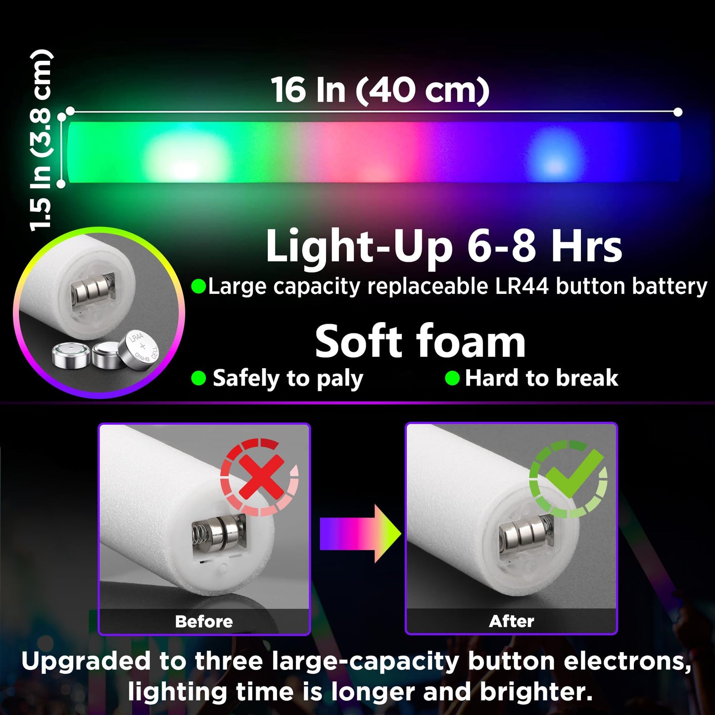 32 Pcs Foam Glow Sticks Bulk Party Pack, L16‘’Big Led Light Up Foam Sticks with 3 Flashing Effect, Glow in The Dark Party Supplies Favors for Wedding, Adults/Kids Birthday, Disco Dance Floor Party, DJ