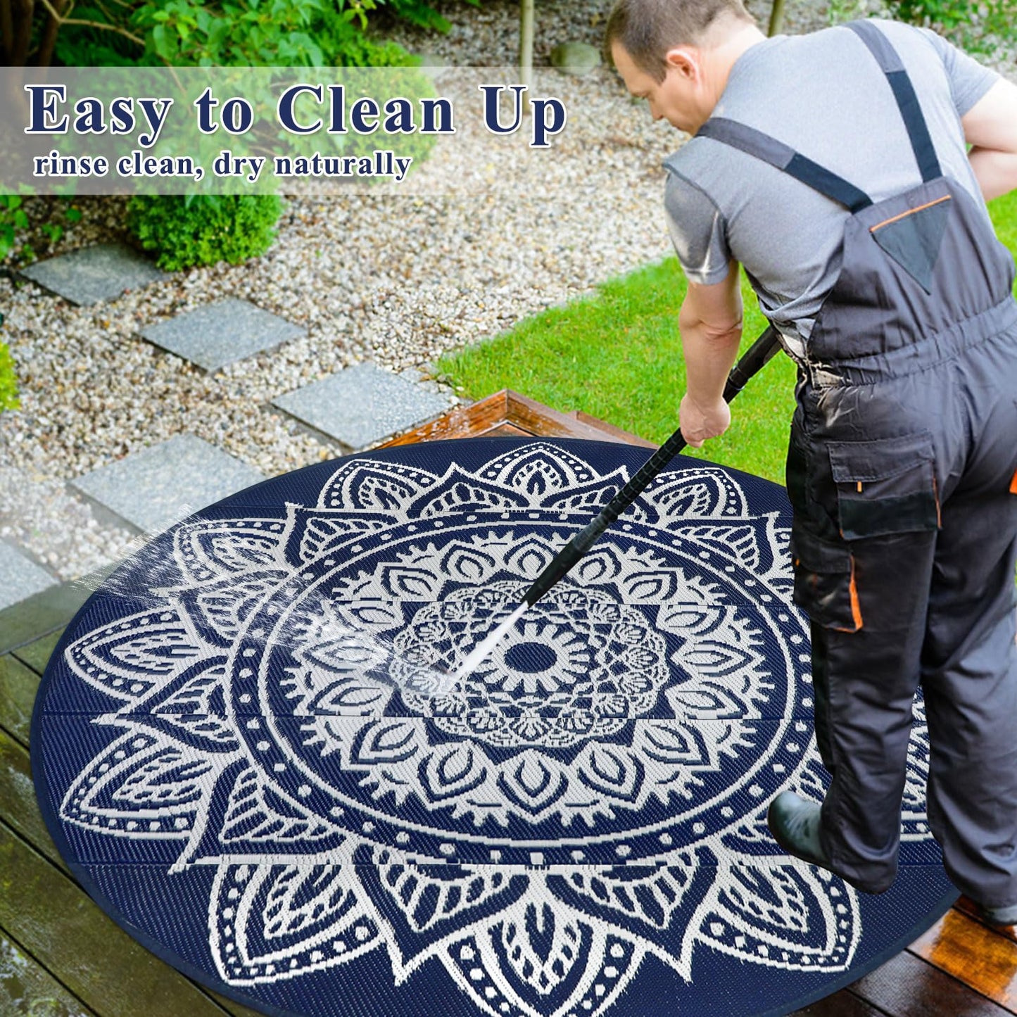 famibay Round Outdoor Area Rug Boho Mandala Plastic Patio Rug 6ft Navy
