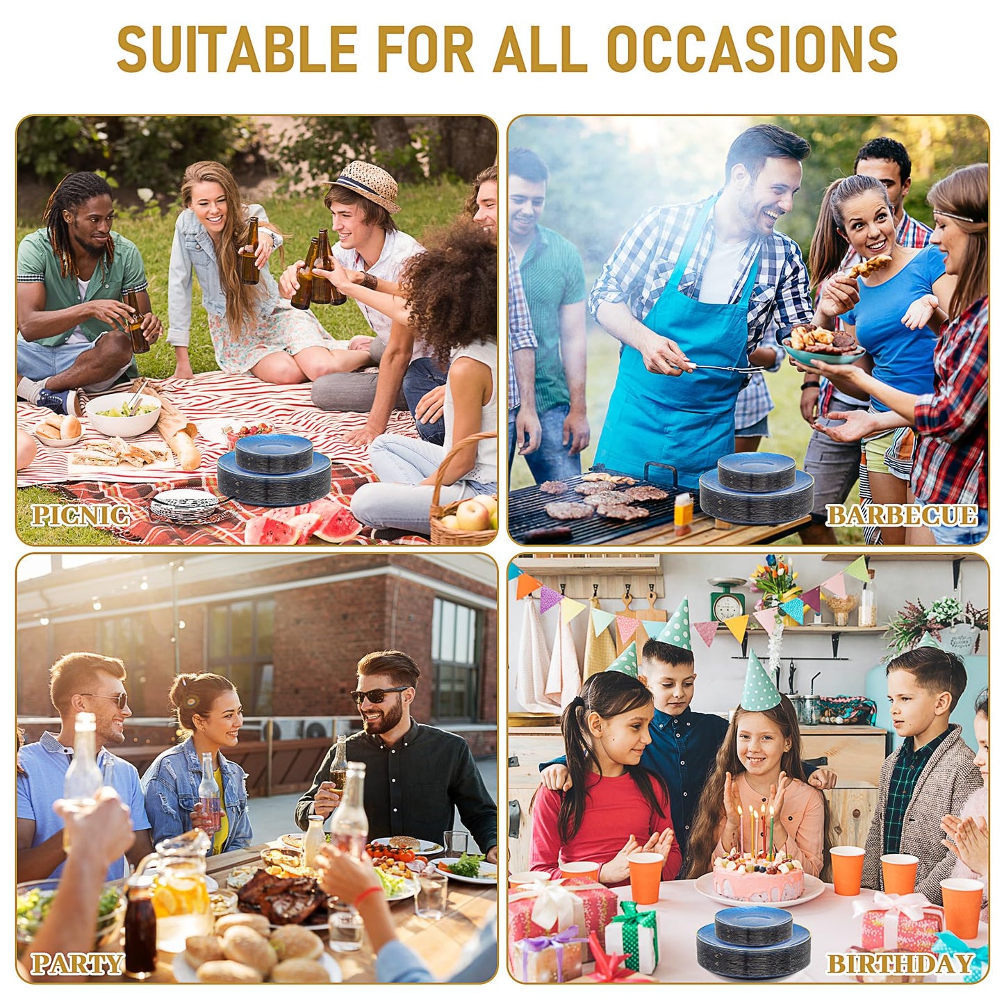 100 Pcs Clear Blue Plastic Plates, Fancy Disposable Plates with Gold Rim Include 10 inch, 7 inch Dinner Dessert Plate for Party Wedding