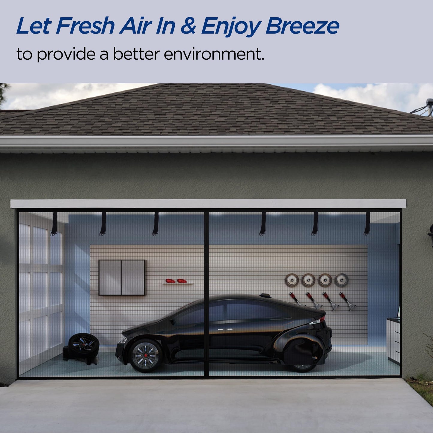 HBlife Garage Screen Doors for 1 Car Garage, 8x7FT Fiberglass Magnetic Garage Door Screen, Hands Free Retractable Garage Net Screen Door Mesh with 6 Roll Up Starps and 26 Magnets for Patio, Gym, Porch