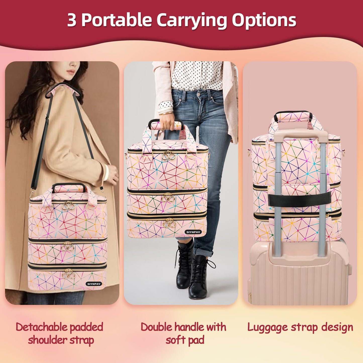 SIYNPAV Nail Polish Organizer, Pink, XL Large-84 Bottles, Three Layer Detachable Nail Polish Bag Organizer Carrying Case With Shoulder& Holder Strap