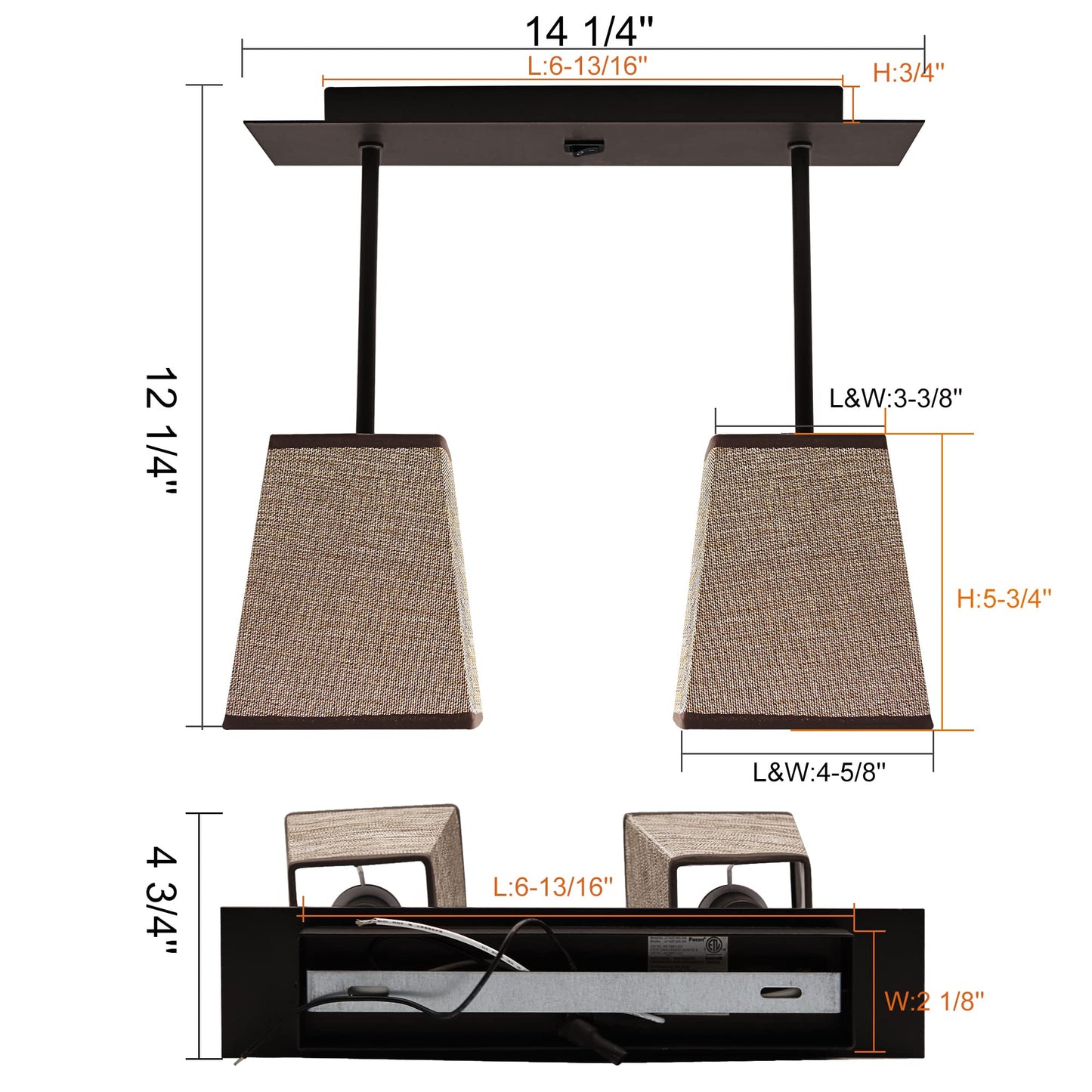Facon RV Pendent Dining-Room Lamp with 2 Replaceable Bulbs(Included), 12V Interior Light with Switch for RV Motorhome Camper Trailer, Square Brown Fabric Shape