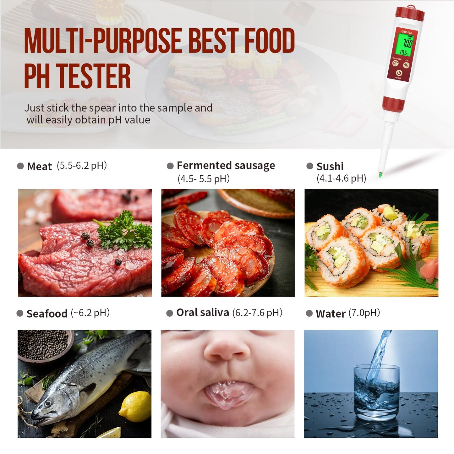 GIDIGI pH Meter for Food, Digital pH Meter for Fermentation, Hot Sauce, Canning, Spear Tip pH Pen Probe for Cheese, Cooking, Sourdough Bread, Saliva, Water Resistant Food pH Tester for Semi-Solid