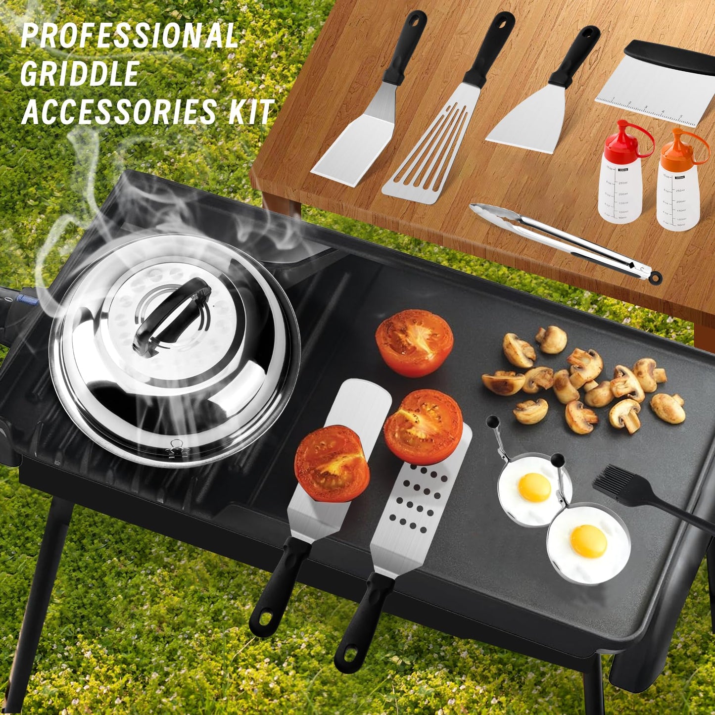 Onlyflame 29PCS Professional BBQ Griddle Tool Kit for Flat Top Grill Blackstone and Camp Chef - Stainless Steel Griddle Spatulas Accessories Kit with Burger Press, Carry Bag and More Tools