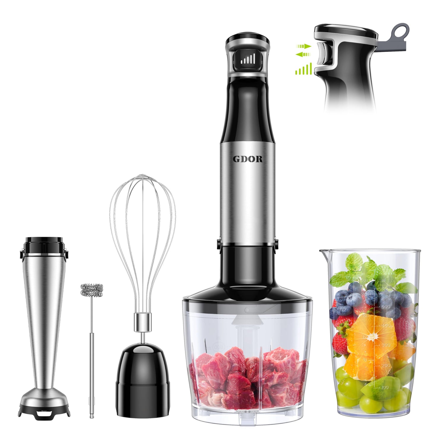 Immersion Blender Handheld, 1100W Hand Blender Set, 5 in 1 Trigger Variable Speed Stick Blender with Milk Frother, Whisk, 800ml Beaker, 600ml Chopper for Soup, Smoothie, Baby Food, Puree, BPA Free