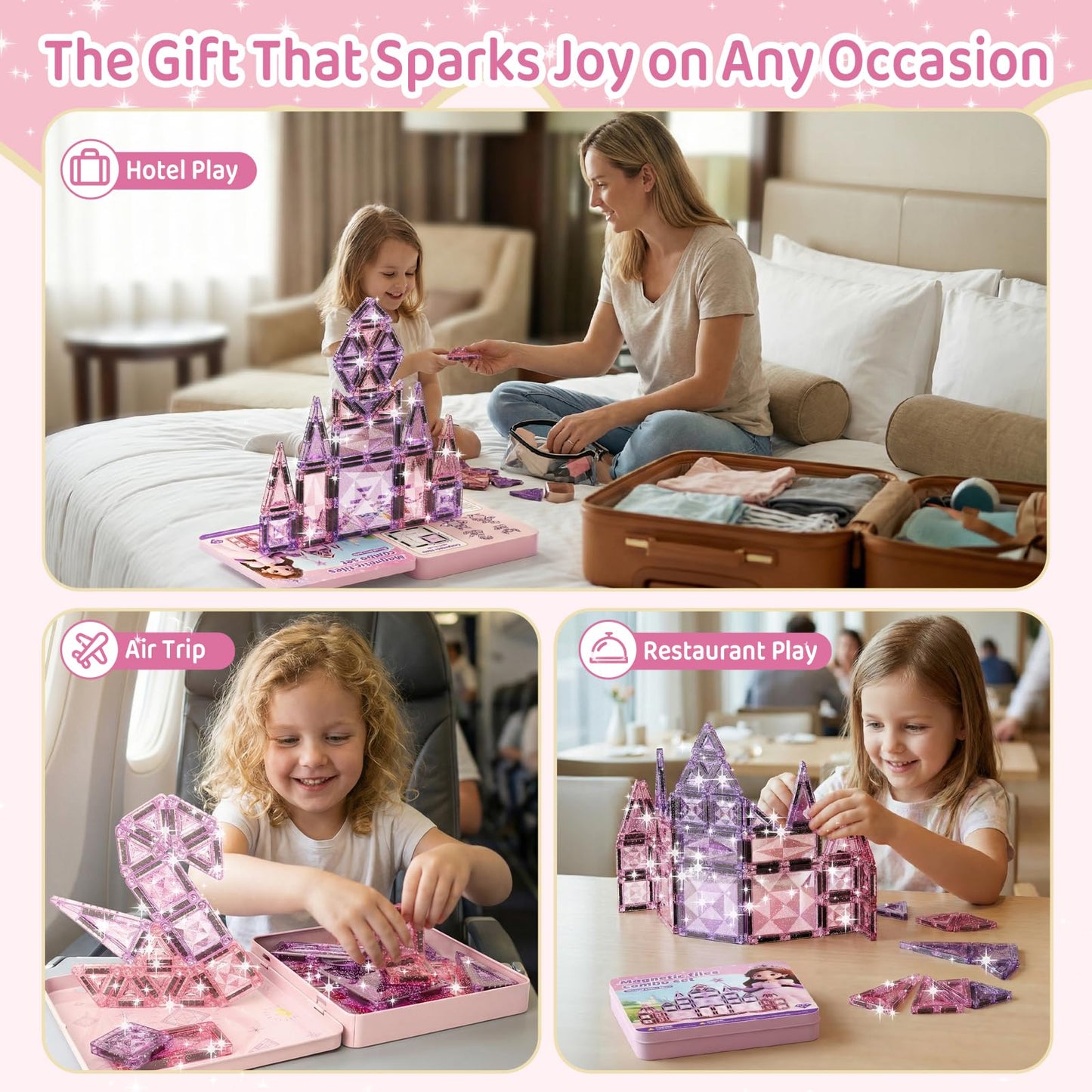 burgkidz Princess Magnetic Tiles for Girls Ages 3-8 – 42PCS Sparkling Pink & Purple Glitter Tiles with Storage Tin, Dual Size Standard Compatible STEM Toys, Travel Friendly Birthday Gift