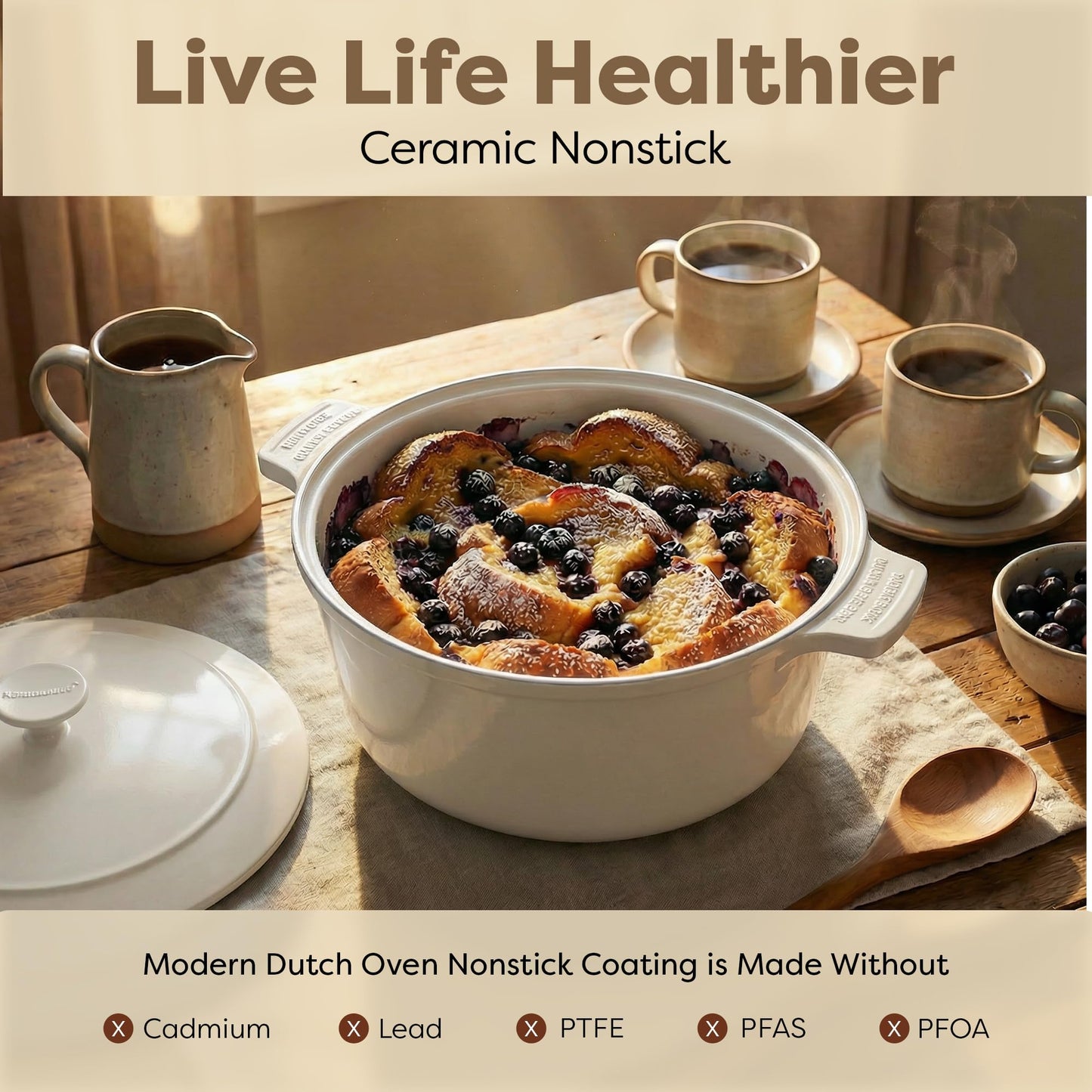 Gotham Steel 5 Qt Dutch Oven Pot with Lid, Nonstick Ceramic Dutch Oven Stock Pot, 10 in 1 Cooking Pot & Dutch Oven for Bread Baking, Lightweight Oven & Dishwasher Safe – Cream