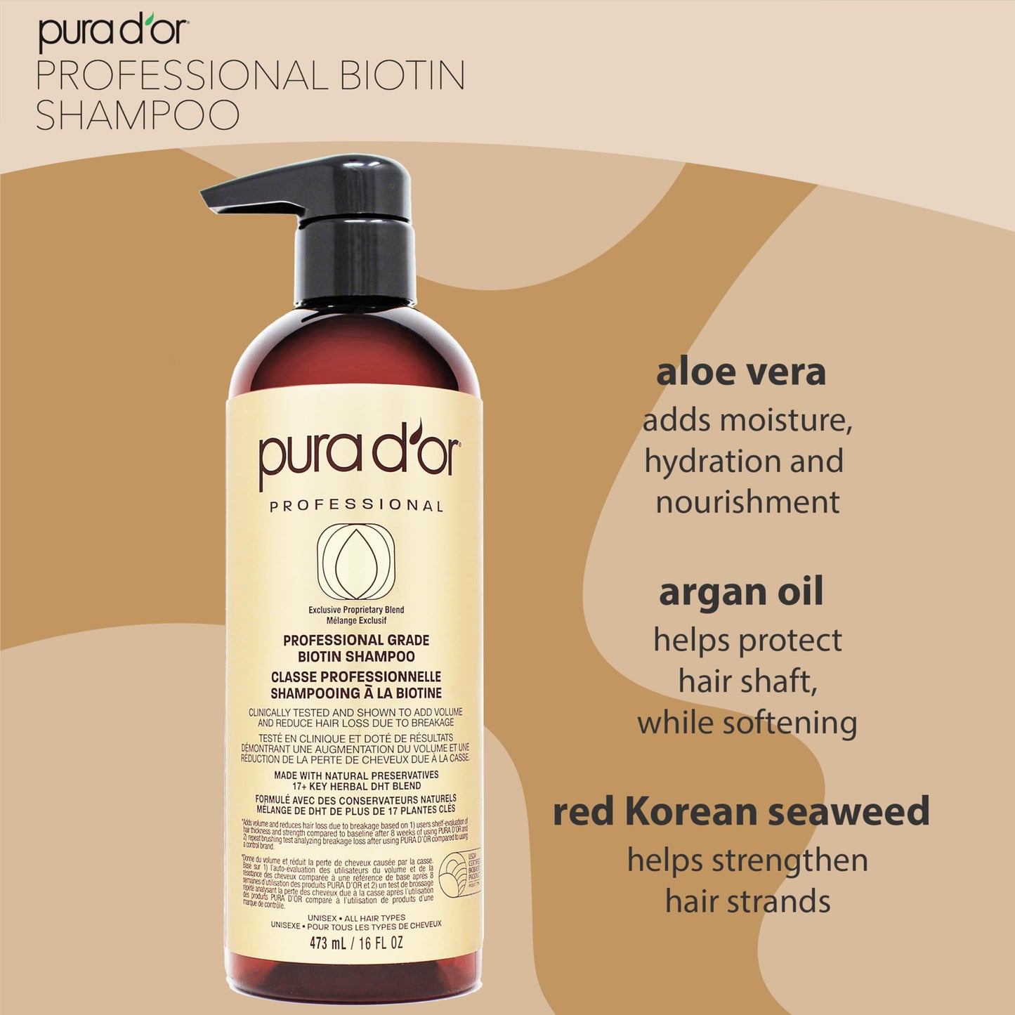 PURA D'OR Clinically Formulated Biotin Shampoo & Conditioner, 2X Concentrated Formula with EFFECTIVE RESULTS Hair Thickening Products For Women & Men, Sulfate Free, 473 mL (16 fl oz) x 2