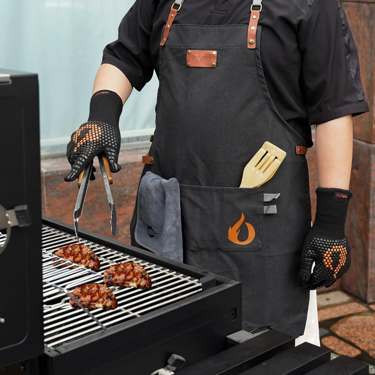 onlyfire Cooking Chef Apron with Pockets, 1472°F Heat Resistant Grill Gloves and Cleaning Cloth for Cooking, Grilling, Barbecue, Smoker, Baking, Frying, Kitchen Tools BBQ Accessories