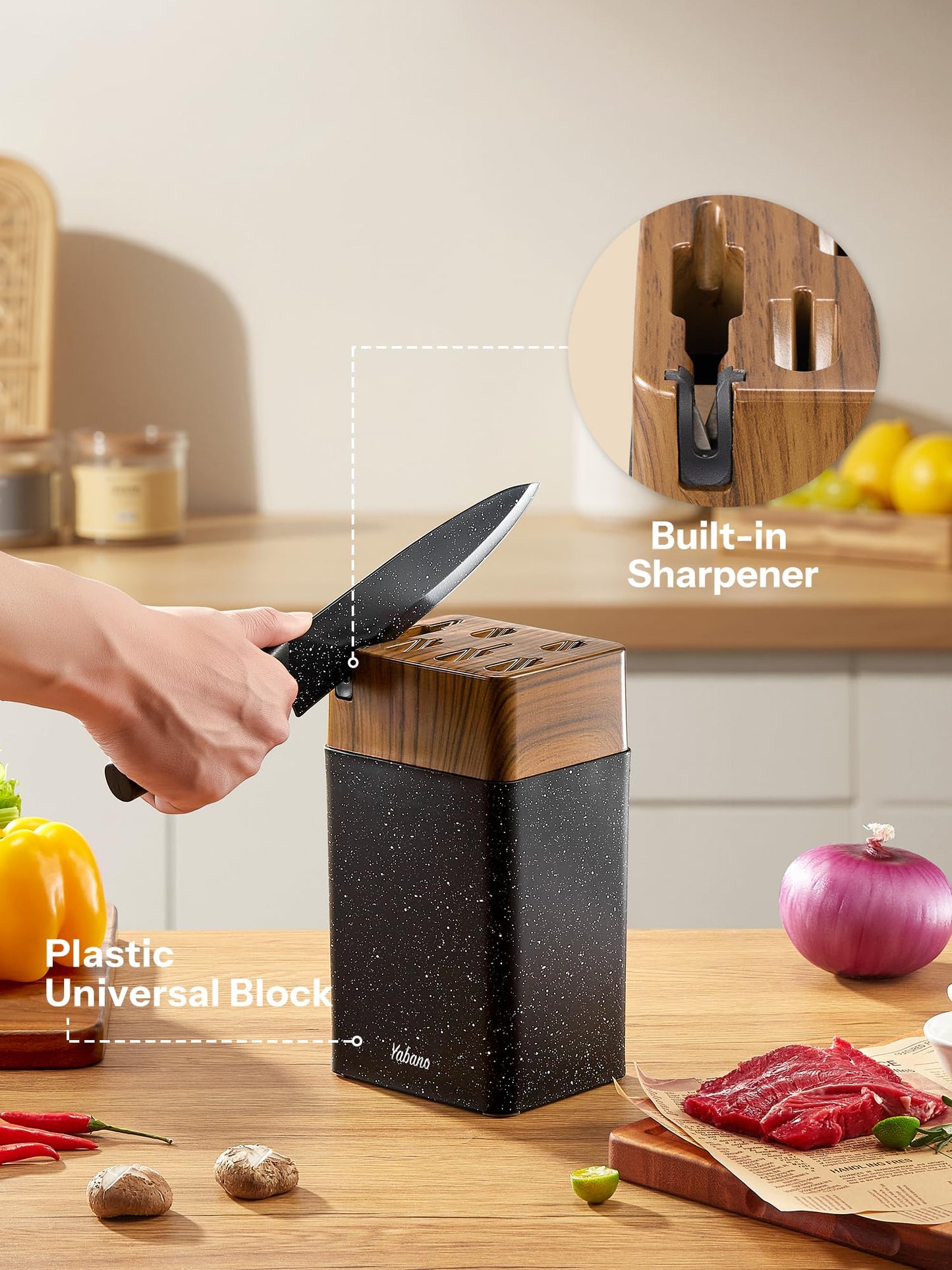 Knife Set, Yabano No Rust Kitchen Knives with PE Universal Knife Block 7 Pieces, High Grade Small Knife Block Set with Black Coating, Dishwasher Safe (White)