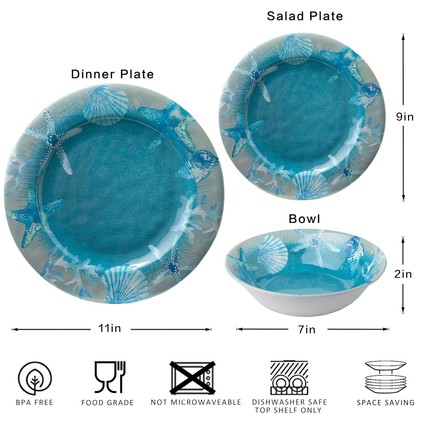Melamine Dinnerware set, Unbreakable Plates and Bowls Set, Lightweight Chip Resistant 12 Piece Dishes Set for 4 Great for Camper, RV, Indoors Outdoors Use with Ocean Printed