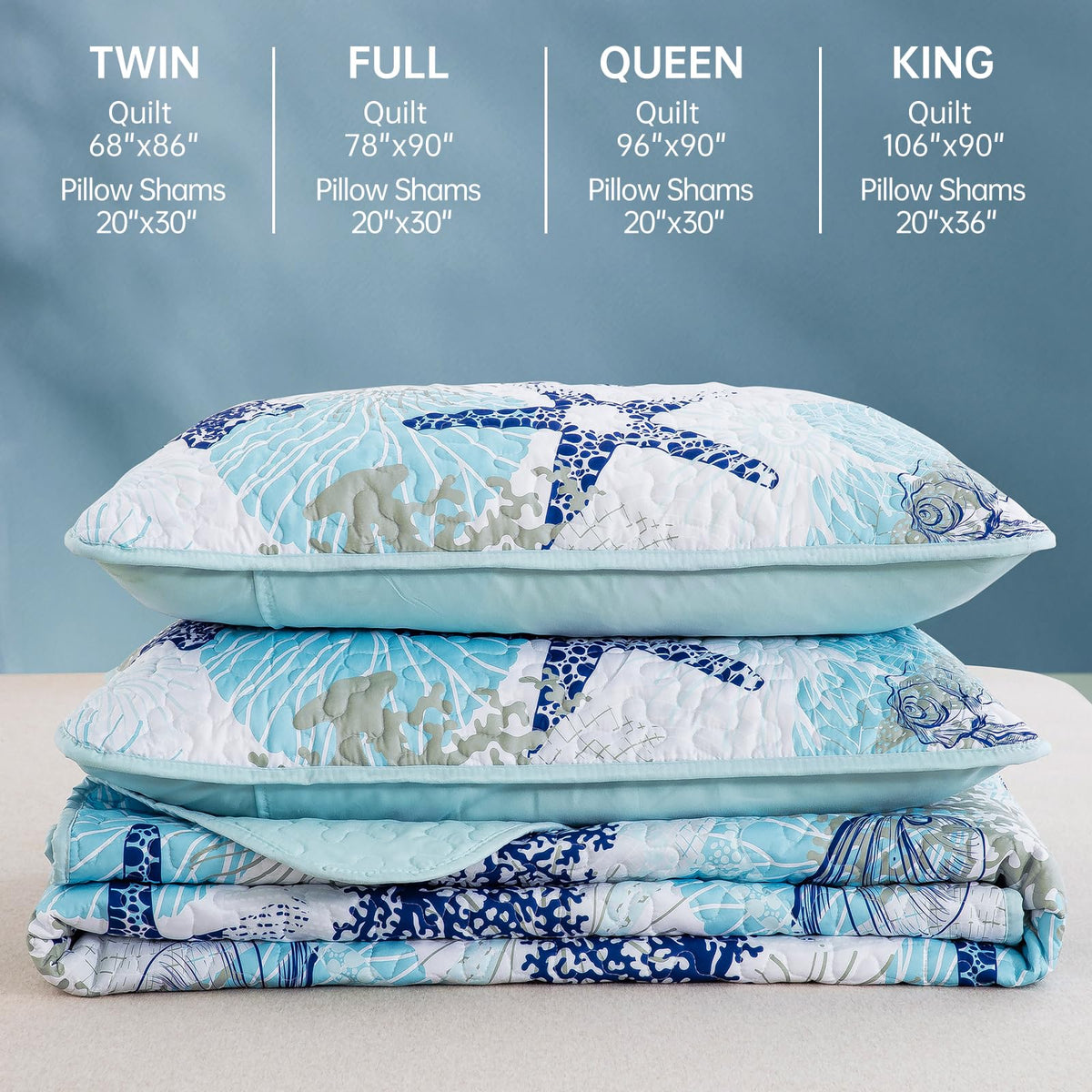 Dinjoy Coastal Quilt Set Queen Size, Blue Ocean Beach Themed Bedding Set Coral Seashell Conch Starfish Pattern Microfiber Lightweight Summer Bedspread Coverlet Bed Set All Season (96x90 Inch)
