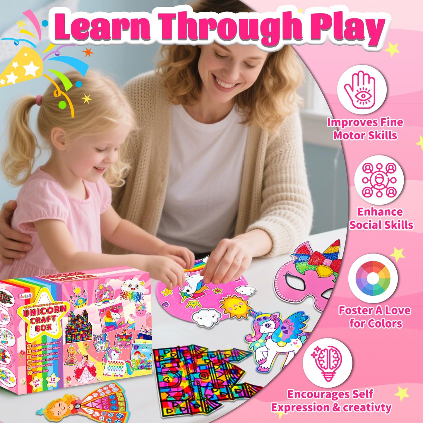 Unicorn Craft Box-12 Projects Fun Arts and Crafts for Kids Ages 4-8,Creative Educational Activity, No Mess Individually Packaged Travel Toys,Party Favors,Birthday Gift for Girls 3 4 5 6 7 8 Years Old