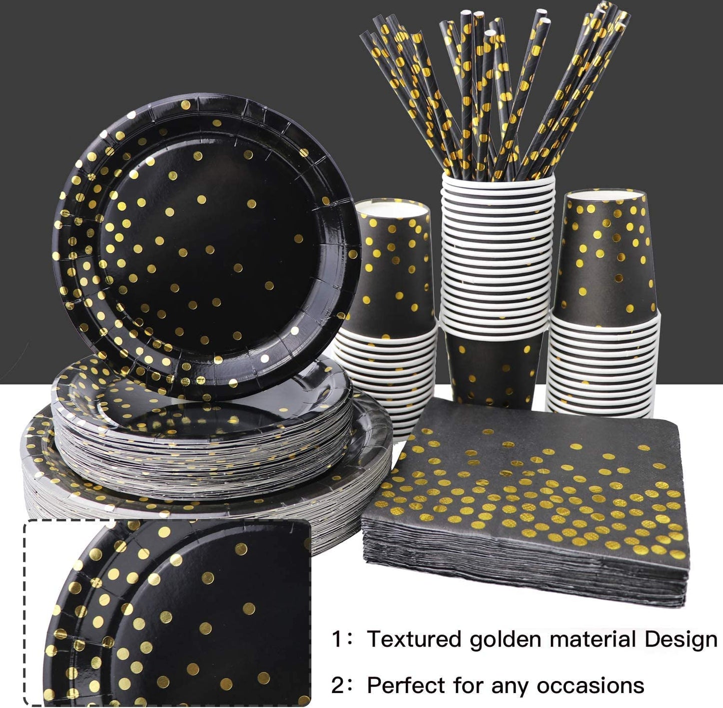 310PCS Party Supplies - Disposable Paper Plates Dinnerware Set Rose Gold Dots 50 Dinner Plates 50 Dessert Plates 50 Cups 50 Napkins 50 Straws 60 Balloons Birthday Party Wedding Holiday (Black and Gold)