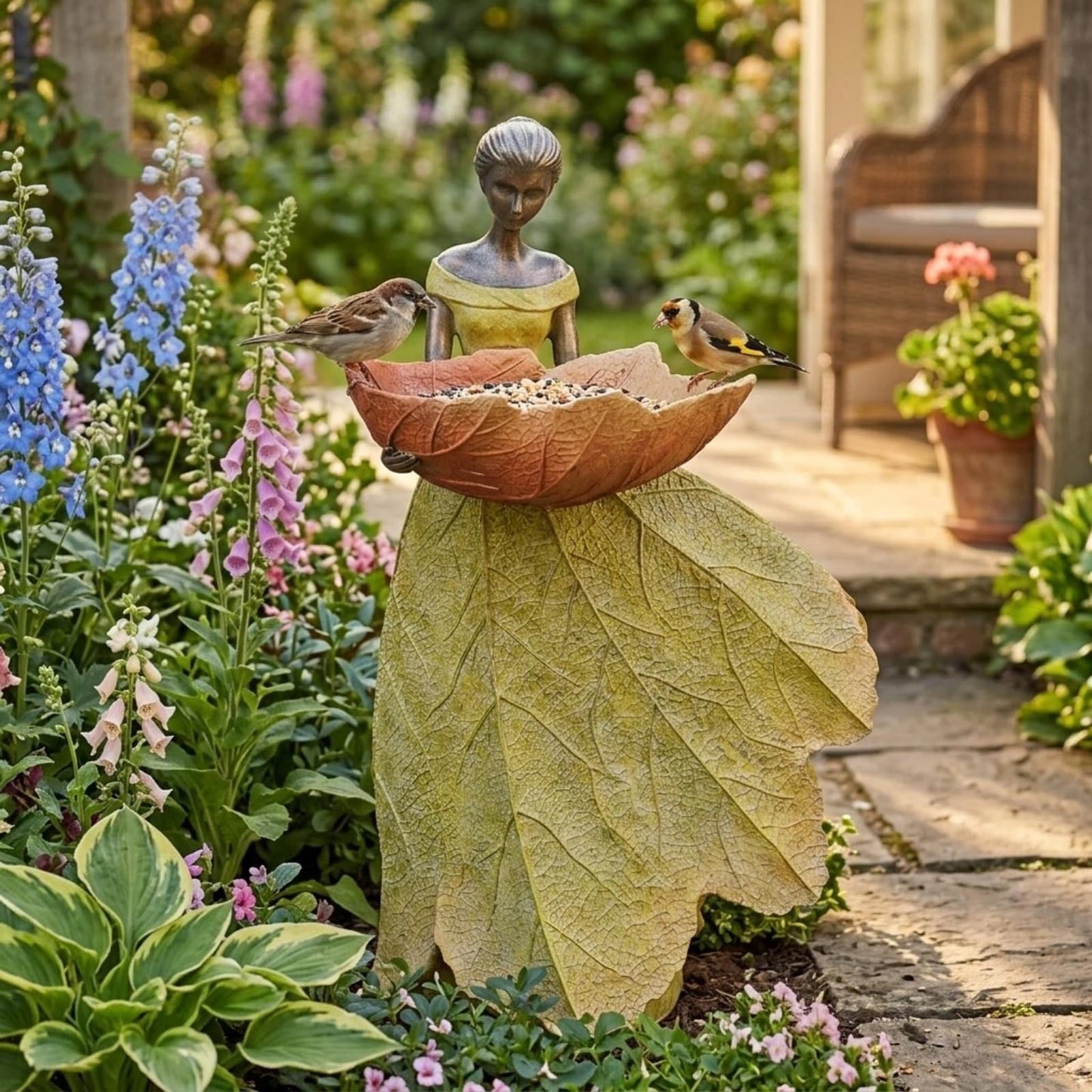DiliComing Fairy Garden Statue Bird Feeder - 12 Inch Fairy Statue for Home Decoration, Resin Outdoor Statues for Garden Decoration, Best Bird Feeder Garden Gift for Women 12 x 7.5 x 5 Inch(Yellow)