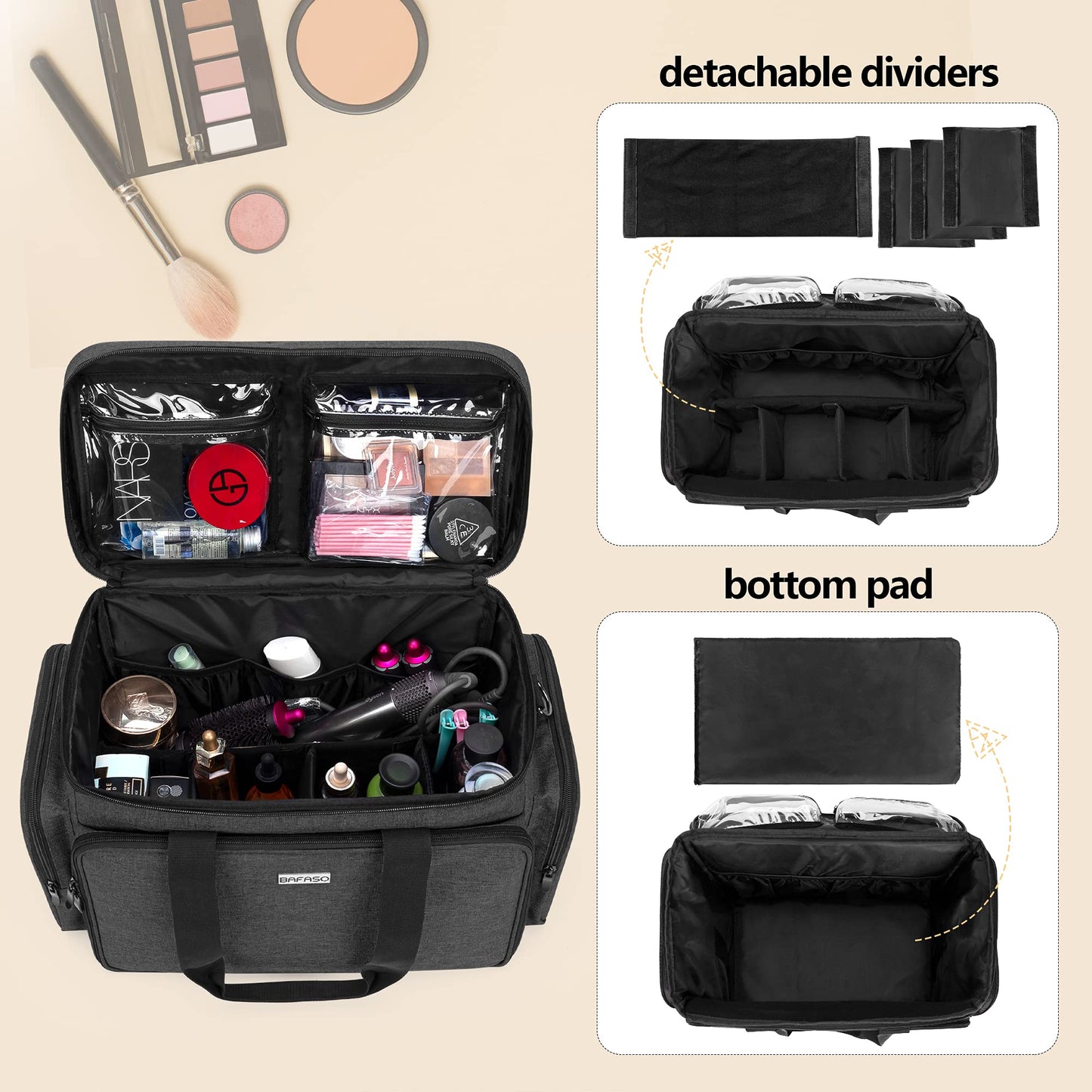 BAFASO Large Makeup Bag Cosmetic Bag with Removable Dividers, Travel Makeup Case Hair Bag Holds Cosmetics of Different Sizes and Hair Products, Black