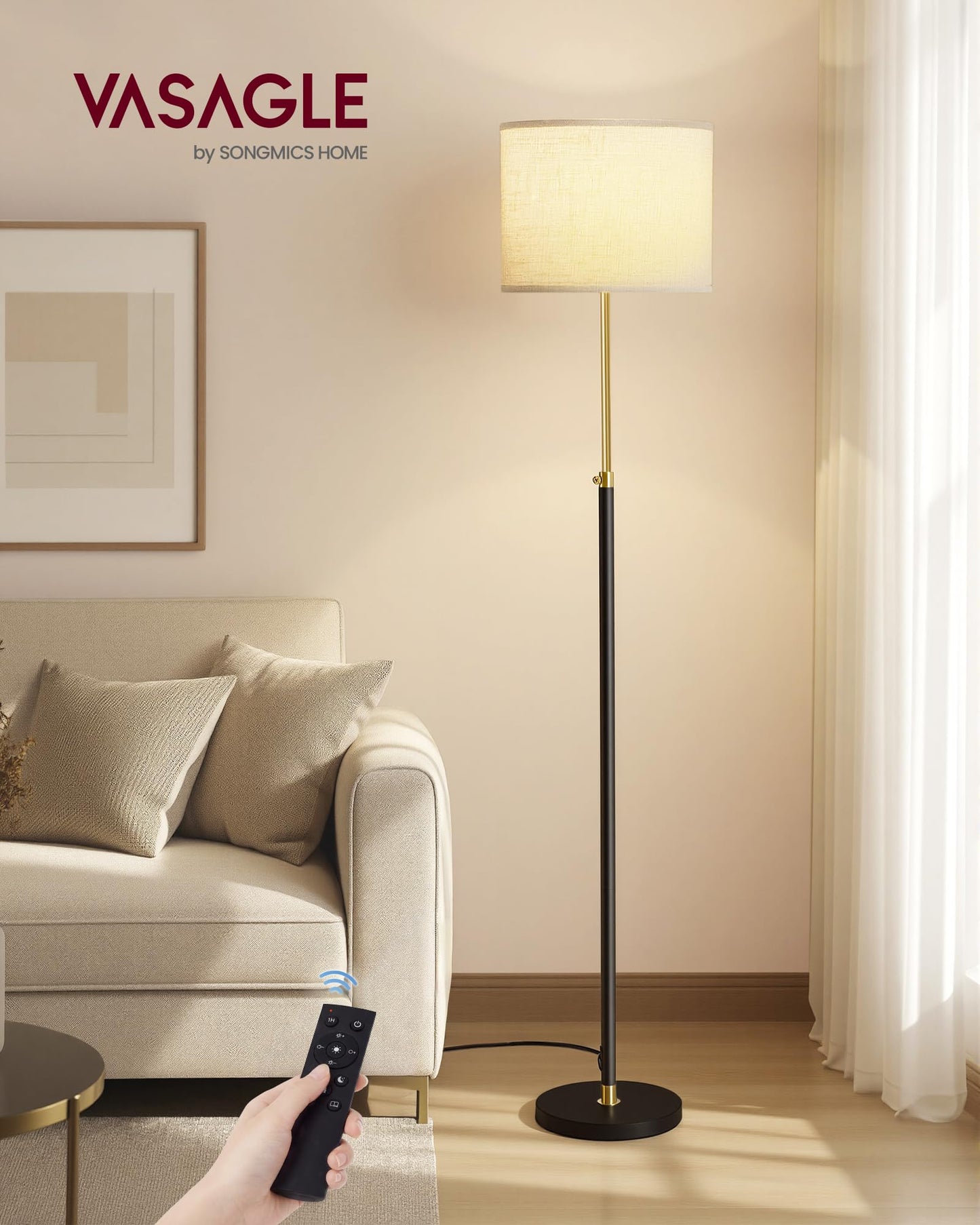 VASAGLE Floor Lamp for Living Room, Adjustable Height 140-170 cm, Modern Standing Lamp with Foot Switch, Fabric Lampshade, E27 Socket, with Remote Control, Gold and Black LFL005BD01
