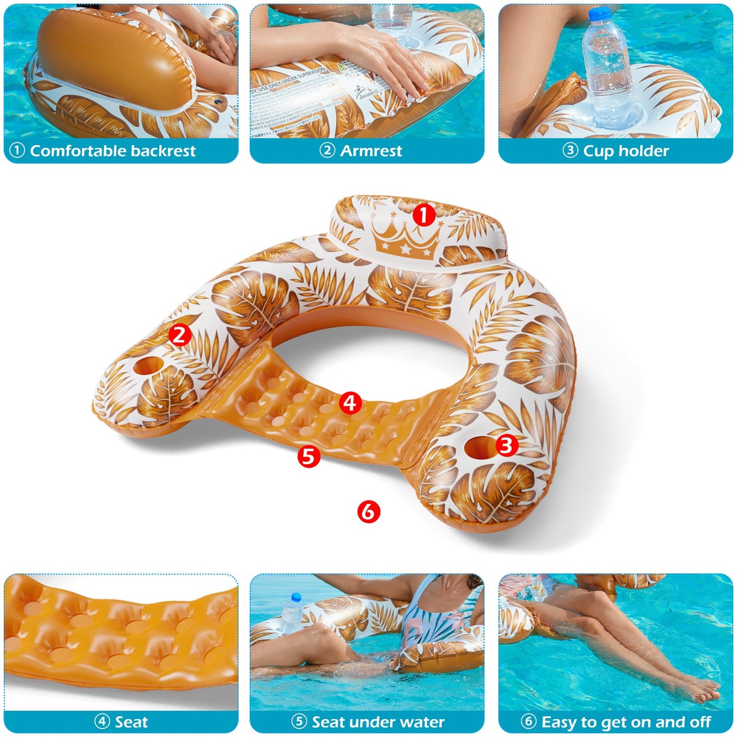 Jasonwell Inflatable Pool Float Chair - 2 Pack Floating Pool Chair Lounge Floats for Swimming Pool Water Chair Pool Lounger with Cup Holder Toy Party Floaties for Adults