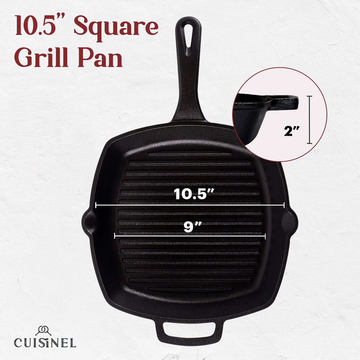 Cast Iron Square Grill Pan with Glass Lid - 10.5 Inch Pre-Seasoned Skillet with Handle Cover and Pan Scraper - Grill, Stovetop, Induction Safe - Indoor and Outdoor Use - for Grilling, Frying, Sauteing