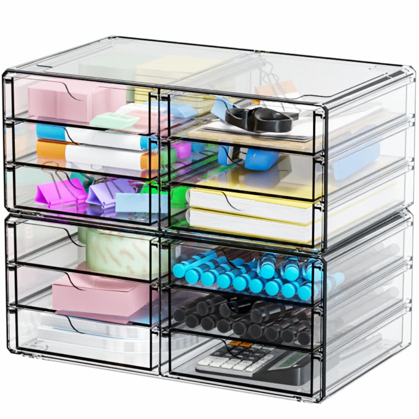 Yieach 2 Pack Acrylic Storage Drawers With 12 Small Drawer,Stackable Office Cabinet Organizer and Makeup Organizer,Clear Plastic Drawers for Craft Supply,Pen,Stationary,Accessory,Makeup,Desk Organizer