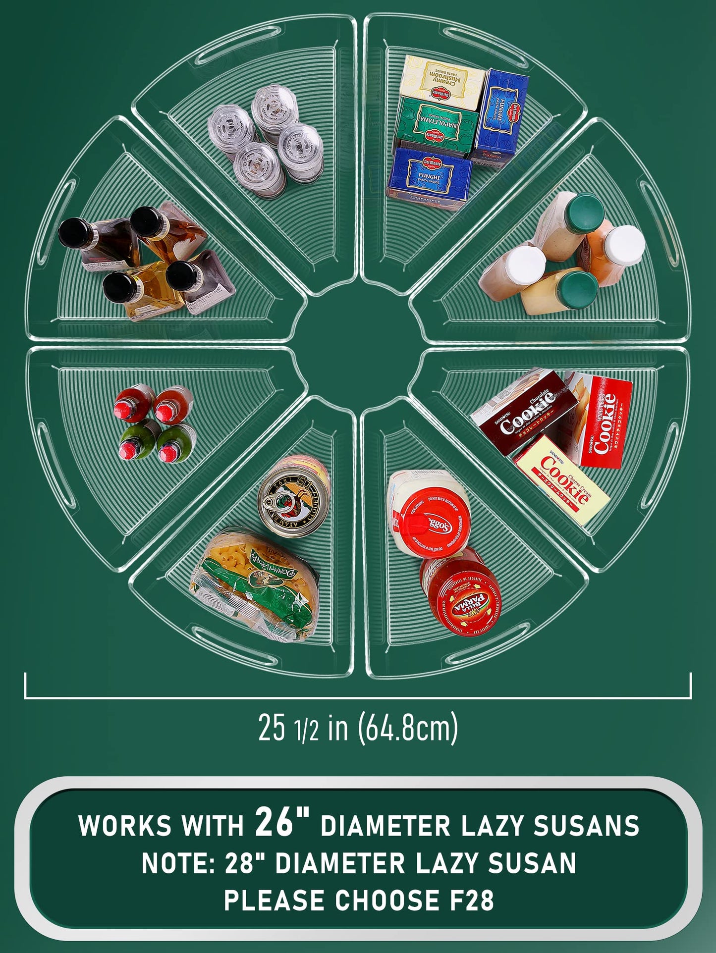 JEISSLIA Lazy Susan Cabinet Organizer Bins for 26"/ 28"/ 32" Diameter Corner Lazy Susan, Plastic Cabinet Storage Bin, 1/8 Wedge-Food Safe, BPA Free, with Non-Slip Pads (for 26" Diameter, 8 Pack)