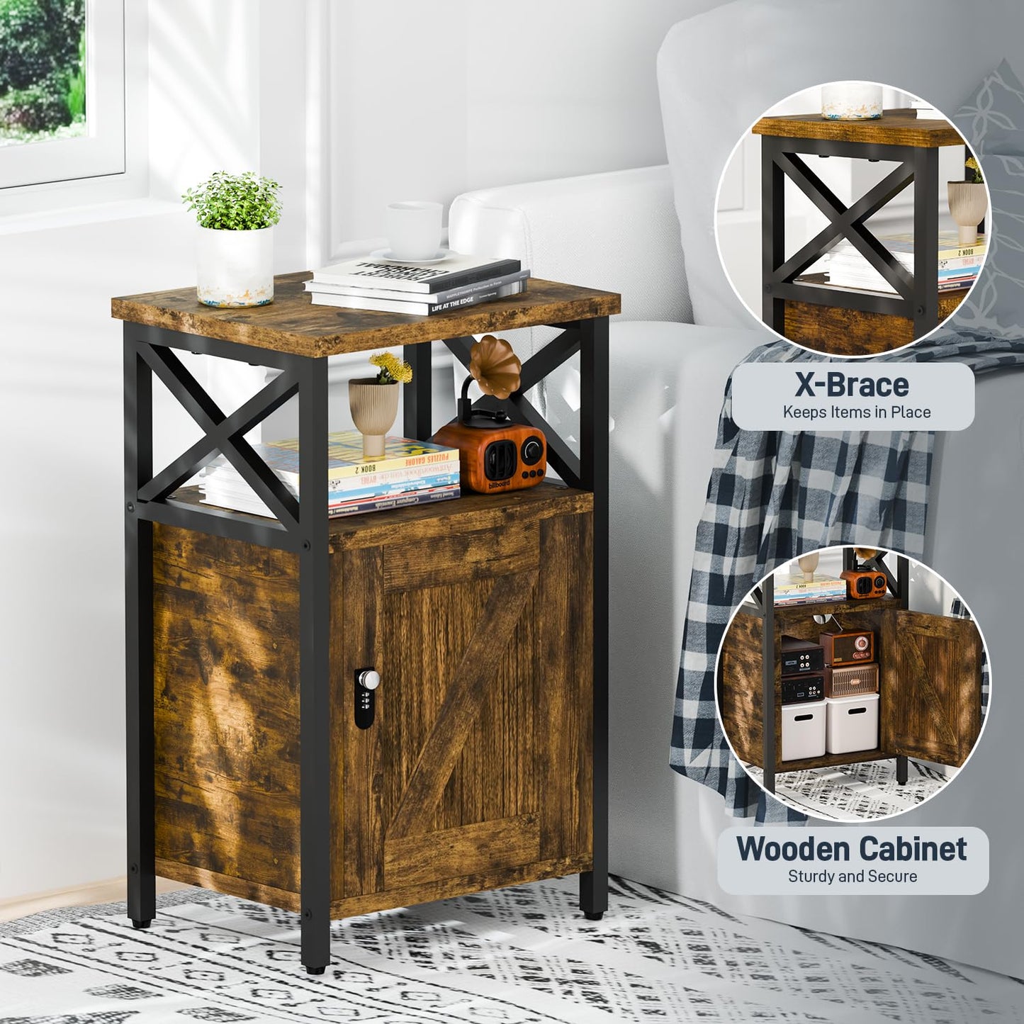 runjuly Night Stand with Locking Drawer, Bedside Table with Drawers, Wooden Bed Side Table with Storage, Nightstand with Shelves, End Night Tables For Bedroom, Living Room, Dorm, Office (Rustic Brown)