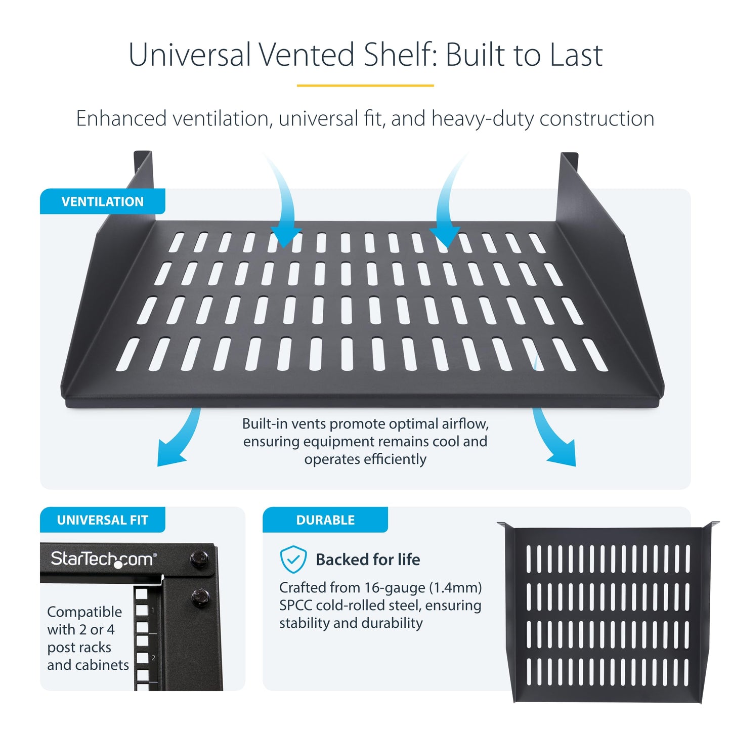 StarTech.com 2U Vented Server Rack Shelf, 16in/41.5cm Mounting Depth, for 19" Rack/Cabinet, SPCC Steel, Max 44lb/20kg