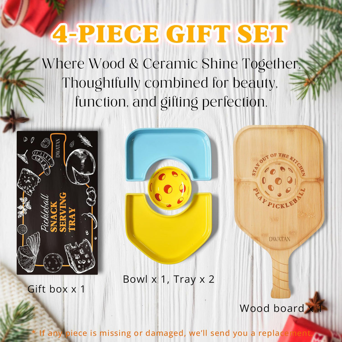 DWATAN Pickleball Paddle Snack Tray Set, Ceramic Serving Plate with Charcuterie Cutting Board, Unique Valentine's Day Pickleball Gifts for Women and Men