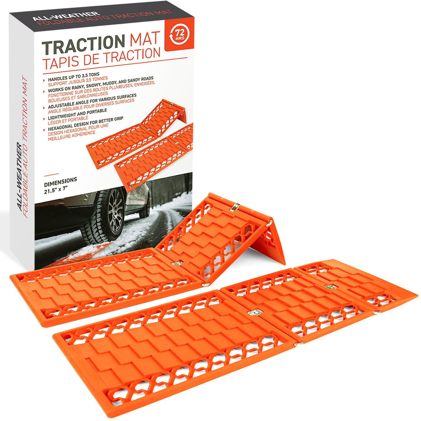 72HRS All Weather Automotive Emergency Tire Traction Mat, Winter Traction Mat, Snow Mud Dirt All Terrain Tire Traction Set of 2-55 x 18cm (Orange)
